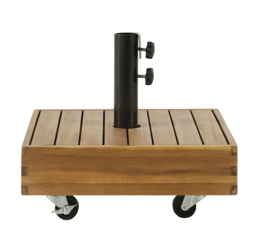 Rental of acacia wood ballast bases on casters for parasols.