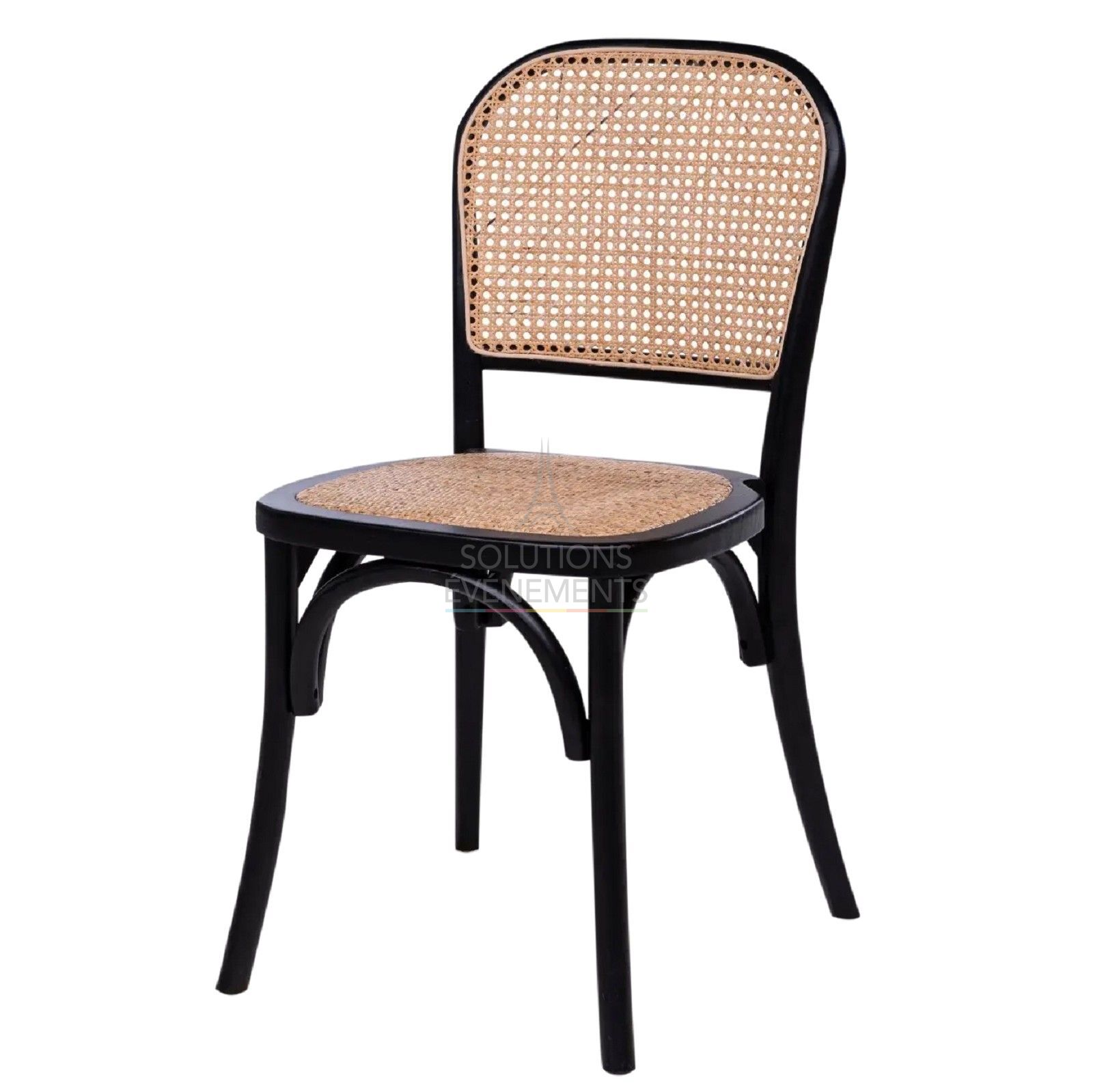 Rental stackable chair in beige and black canework