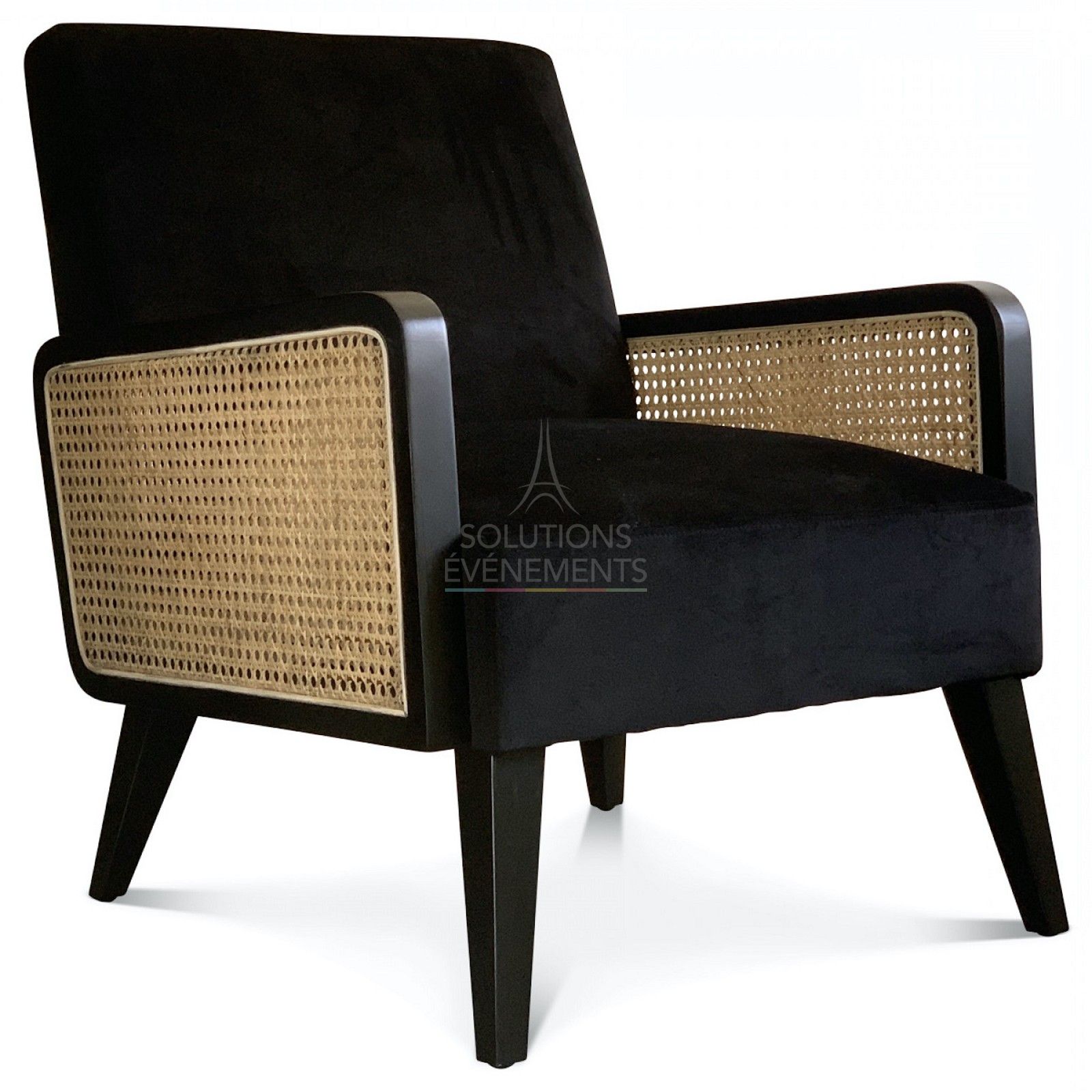 Rental black velvet armchair with bohemian rattan canework