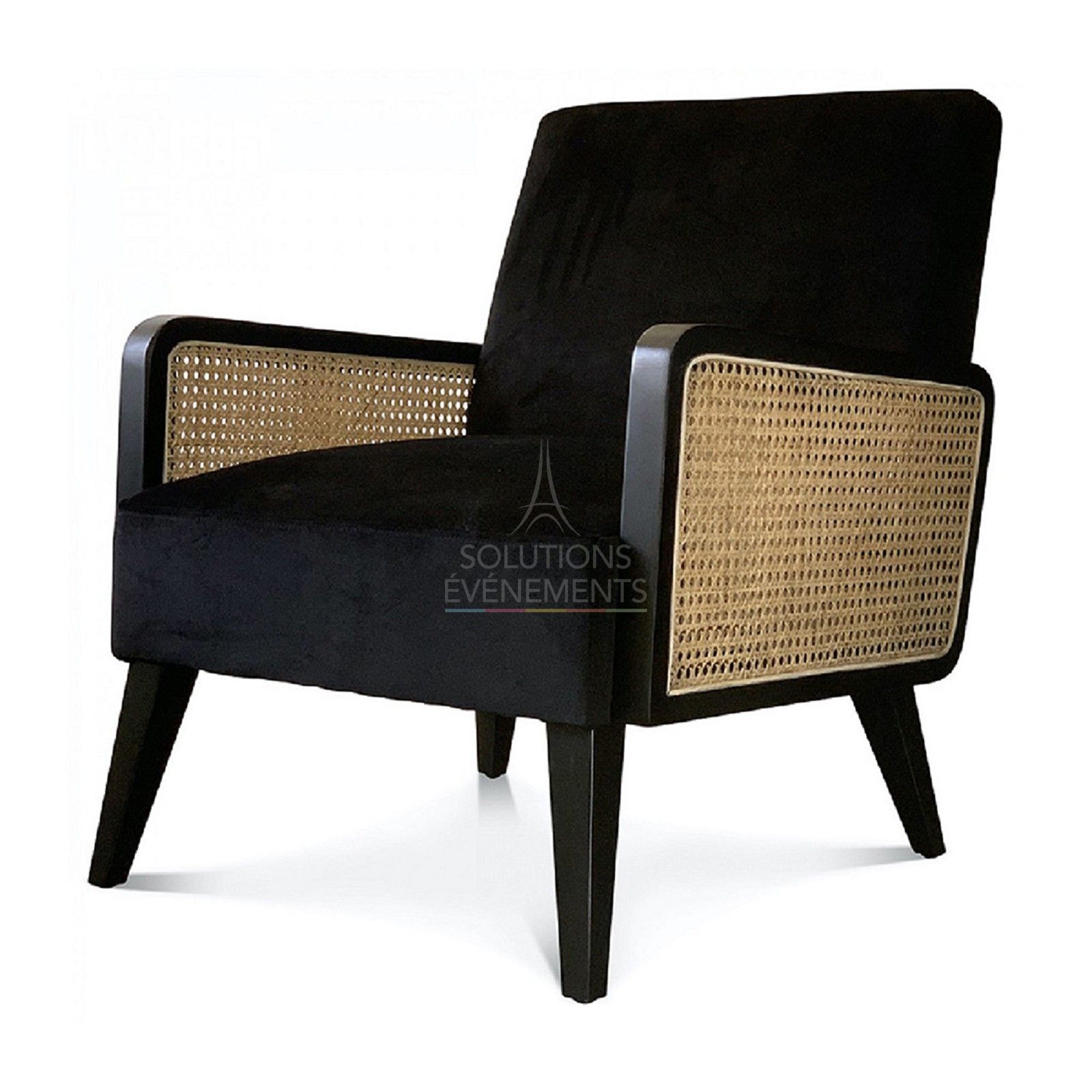 Rental black velvet armchair with bohemian rattan canework