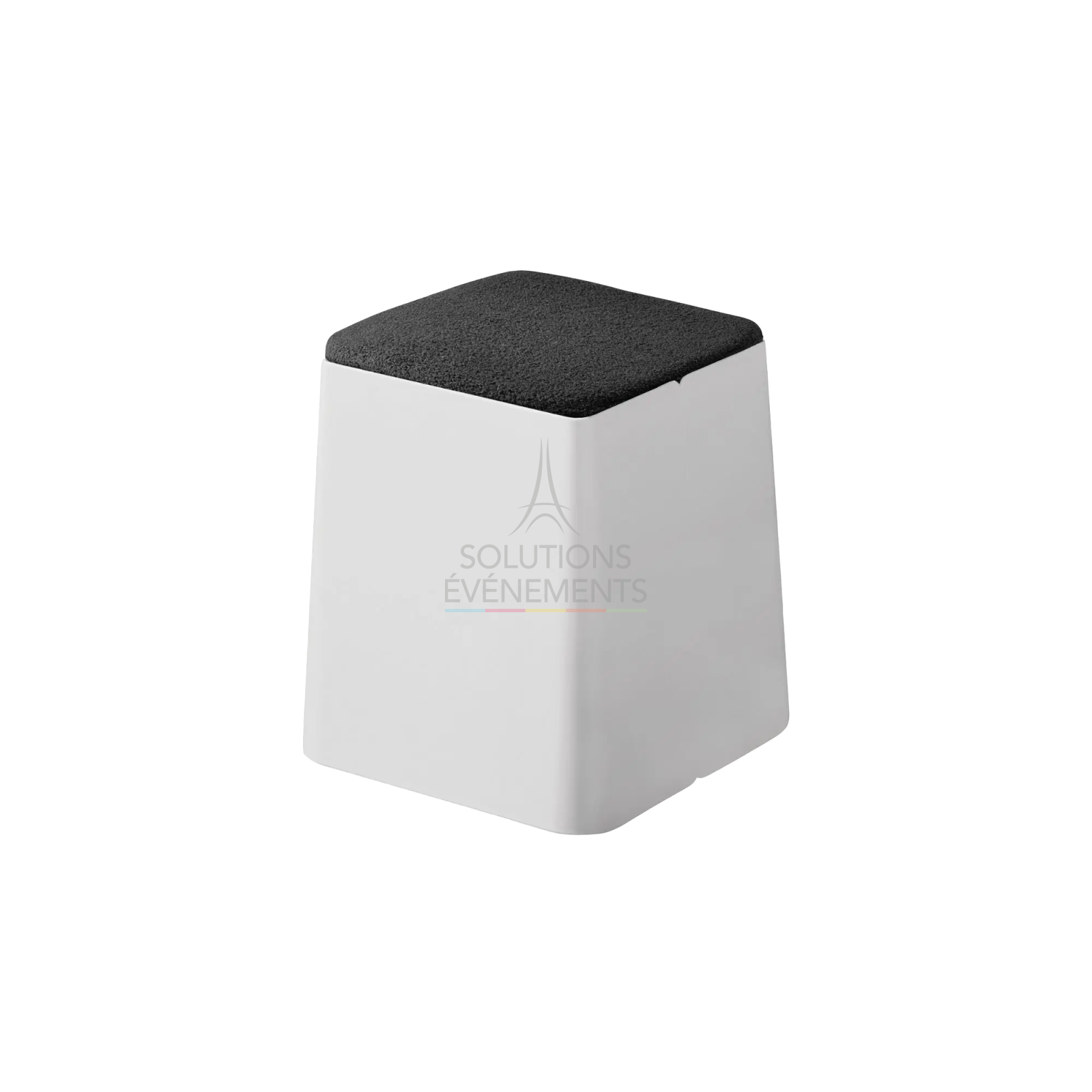 Rental white pouf with black cushion