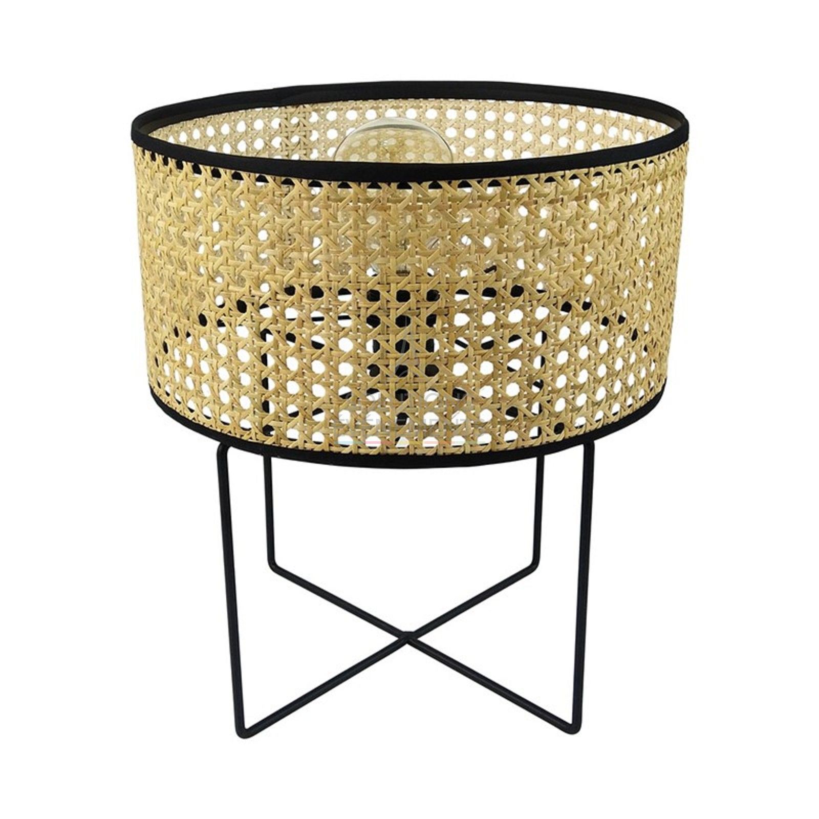 Cane and wicker style table lamp rental.