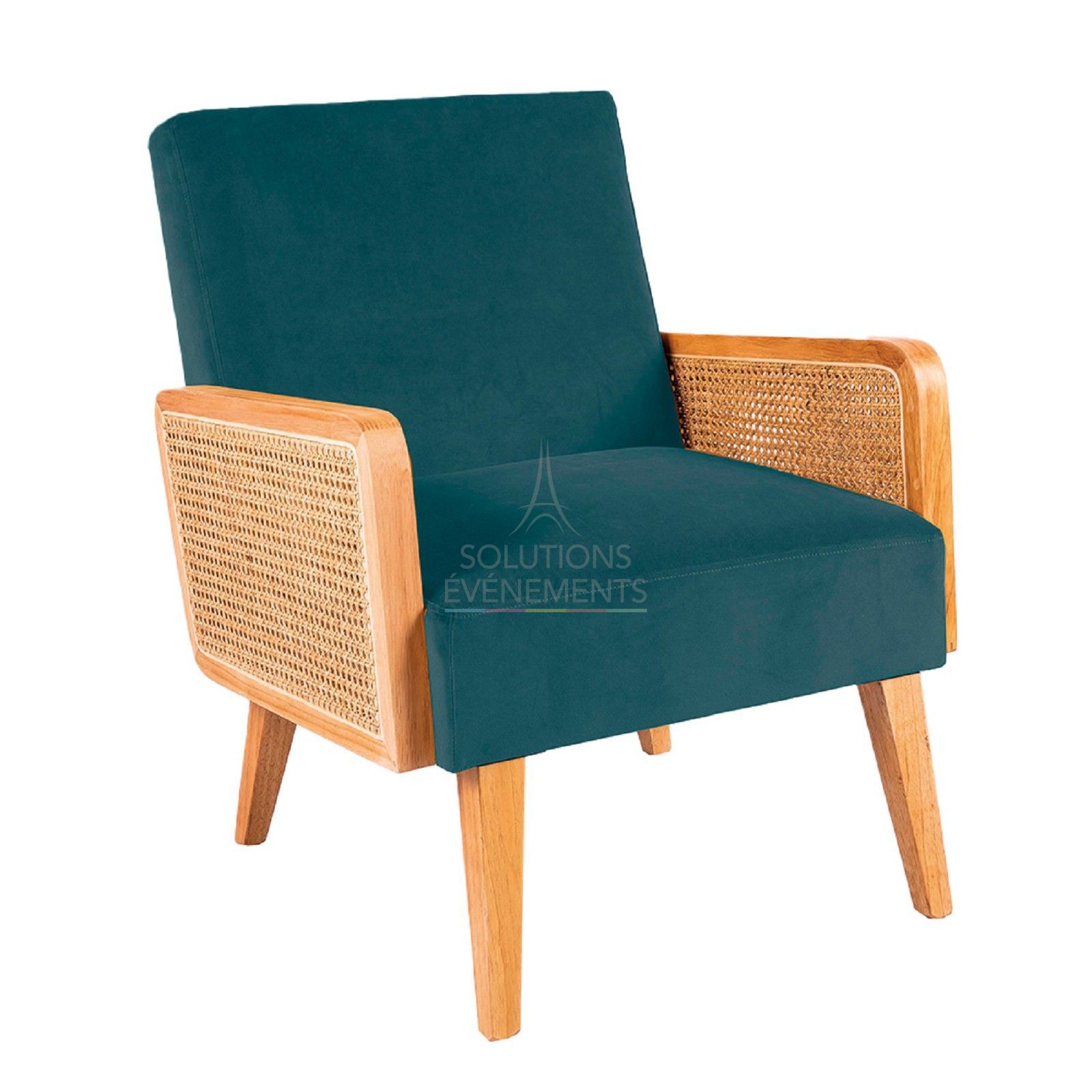 Rental duck blue velvet armchair with bohemian rattan canework