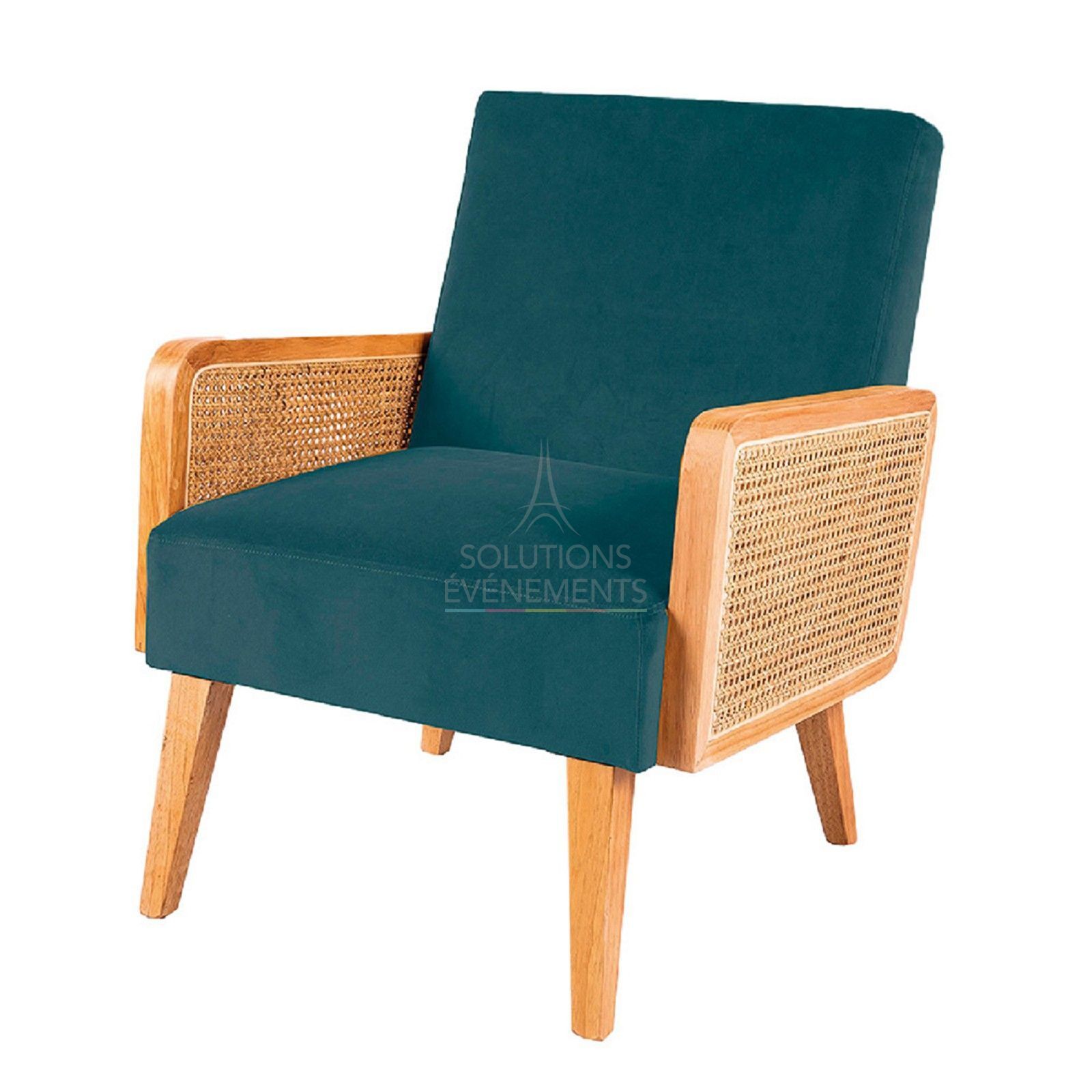 Rental duck blue velvet armchair with bohemian rattan canework