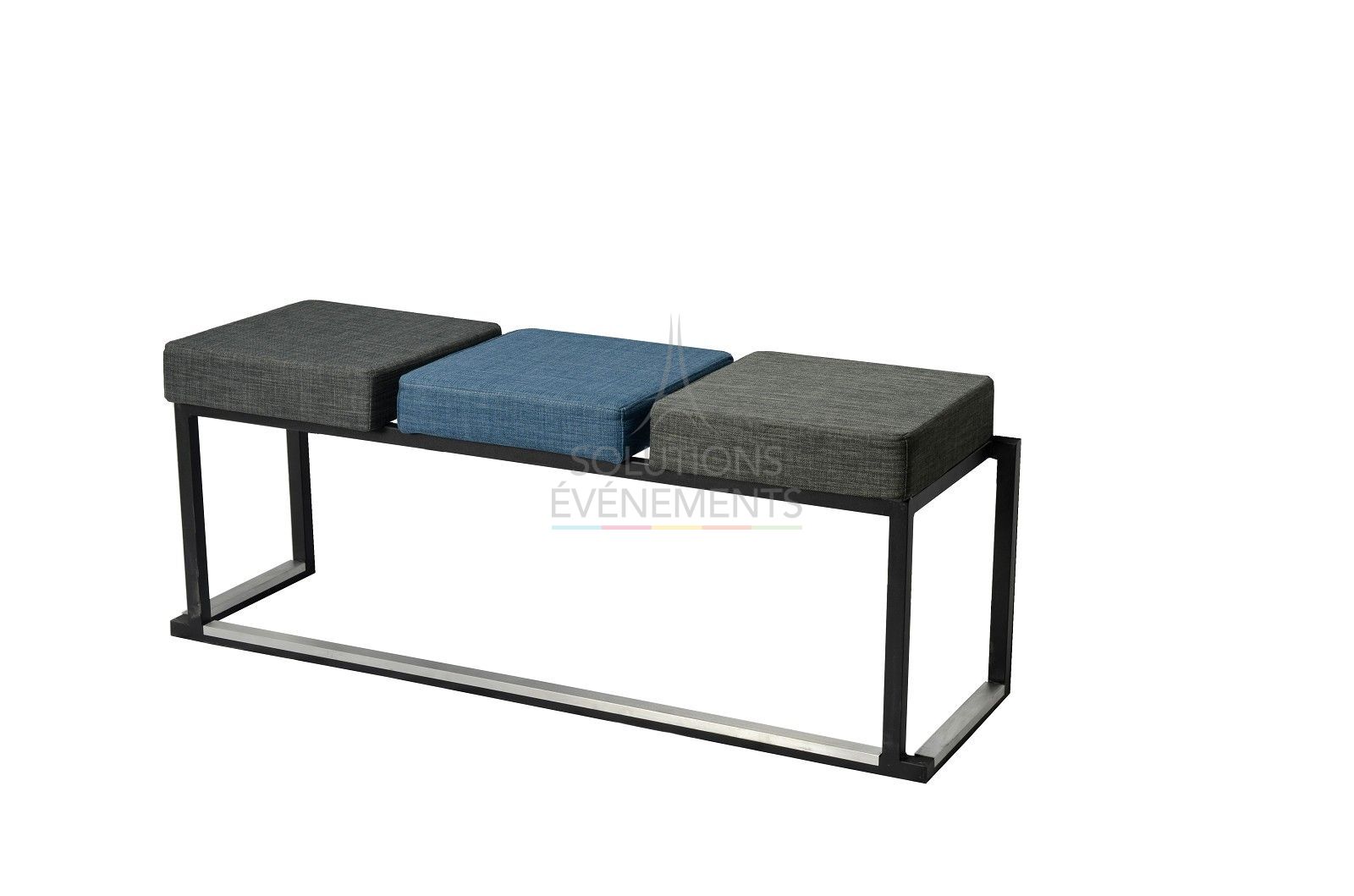 Rental designer bench in gray and blue fabric