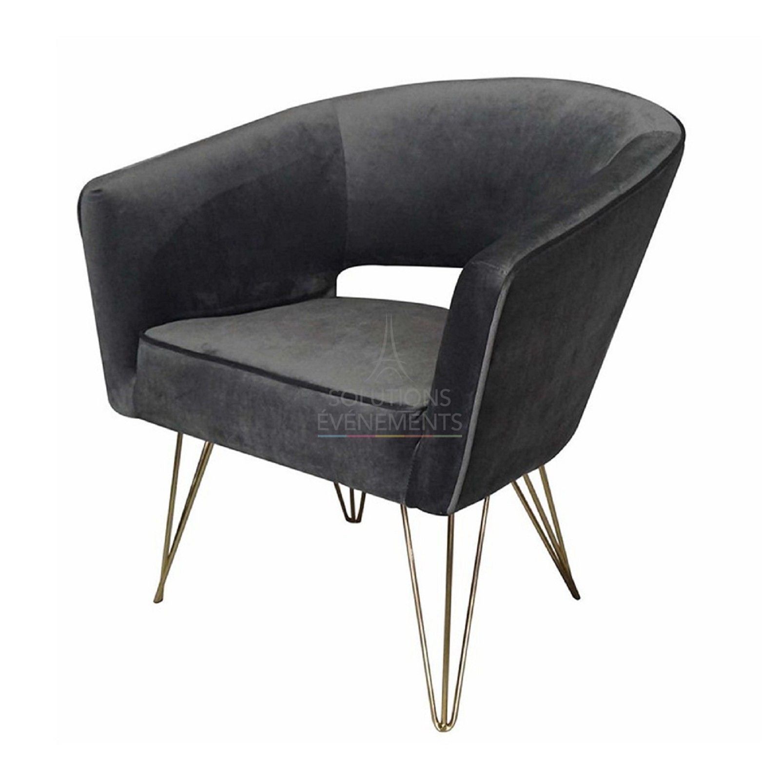 Location fauteuil velours gris anthracite avec pieds dorés couleur or