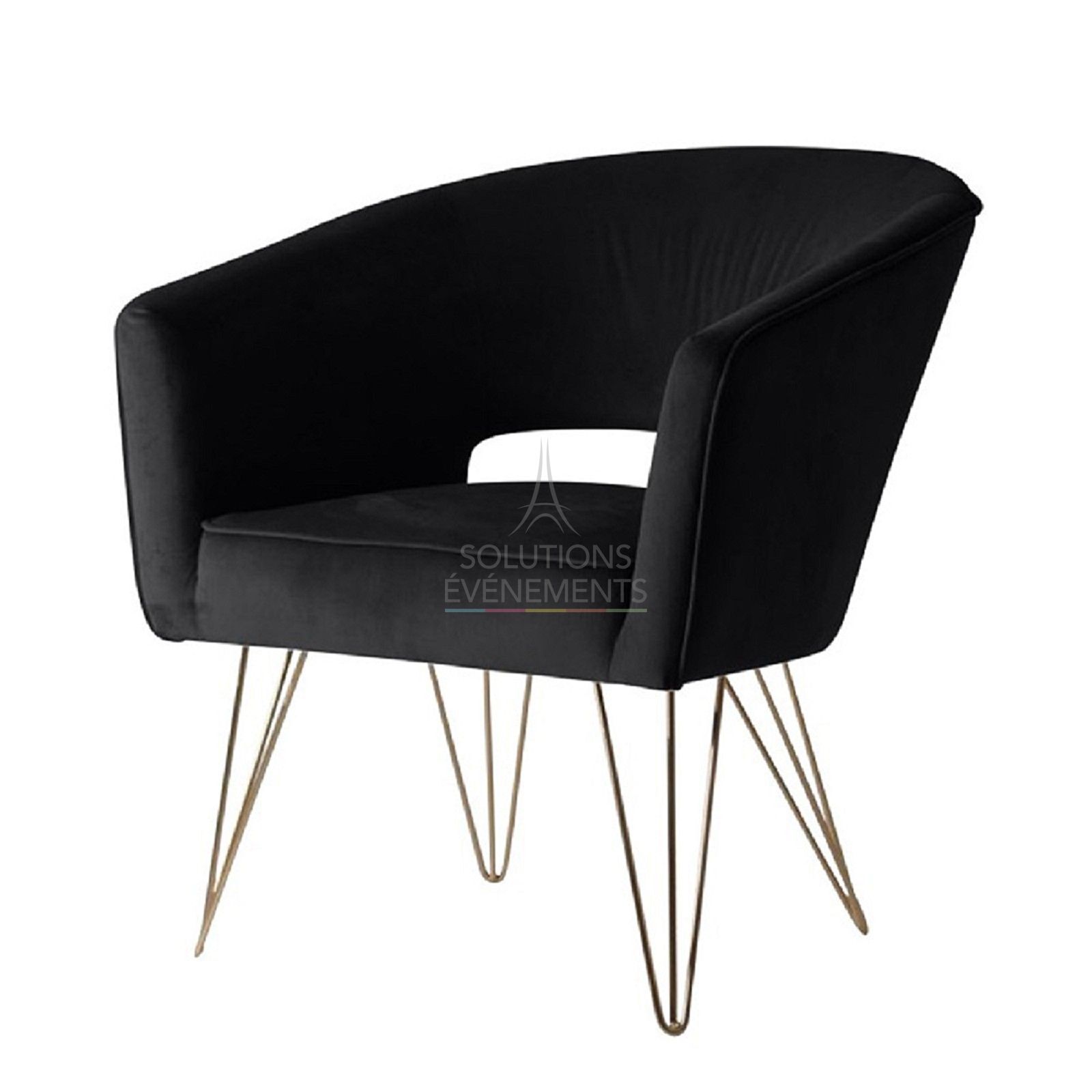 Rental black velvet armchair with gold legs