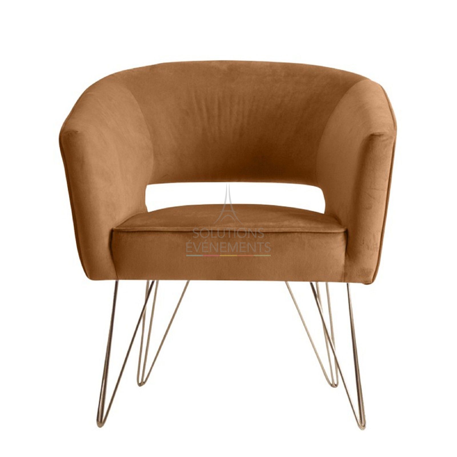 Location fauteuil velours marron avec pieds dorés