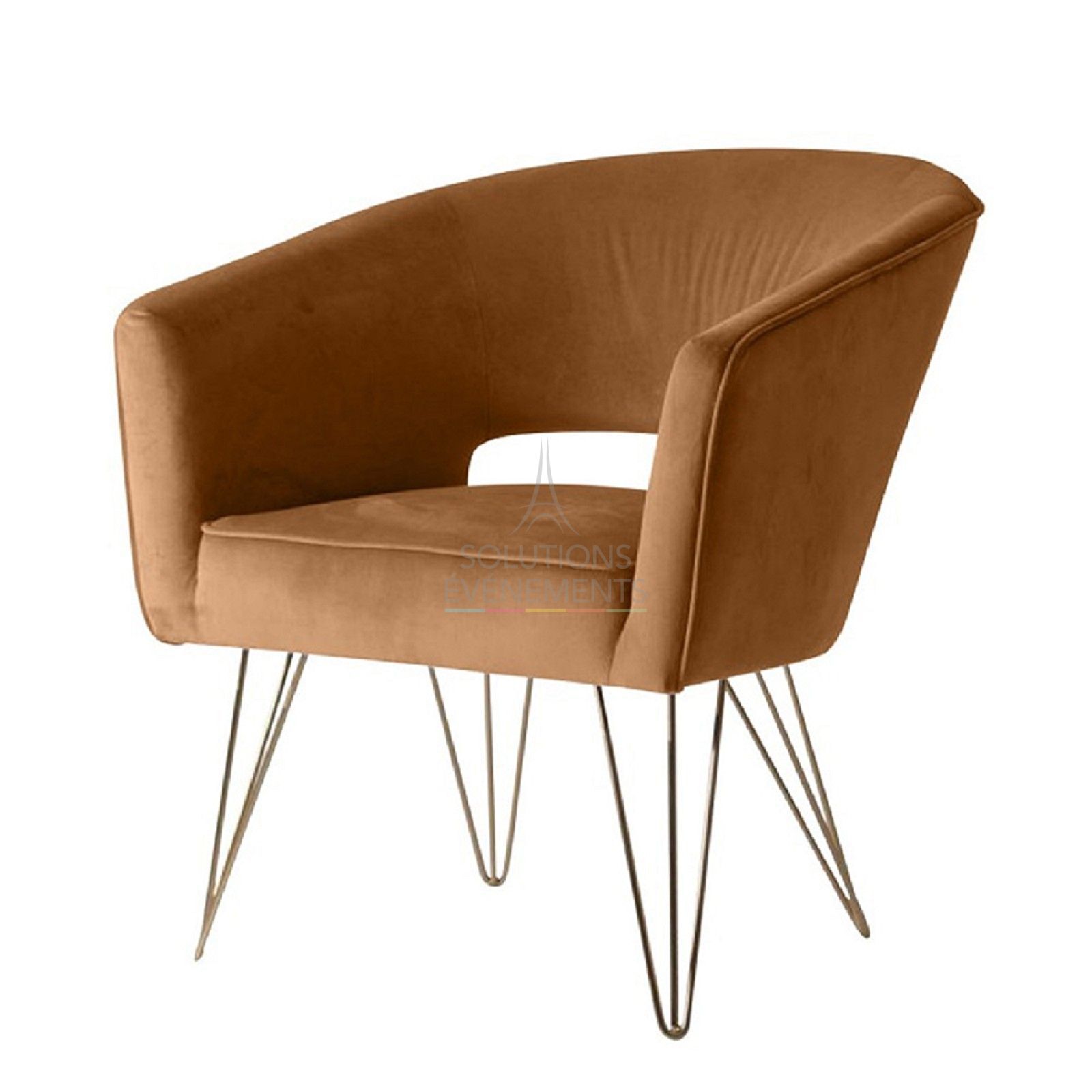 Rental brown velvet armchair with gold legs