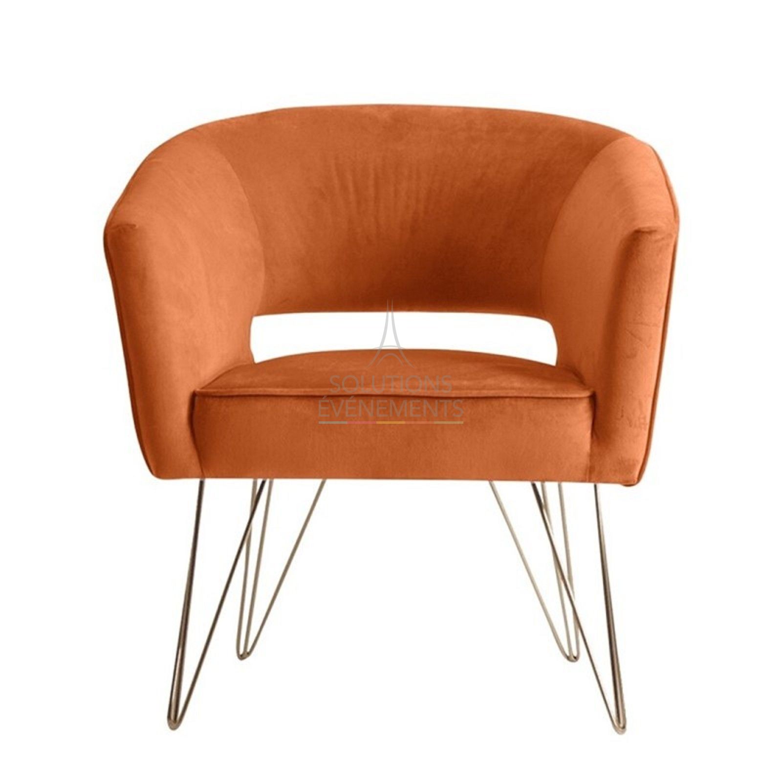 Rental orange velvet armchair with gold legs