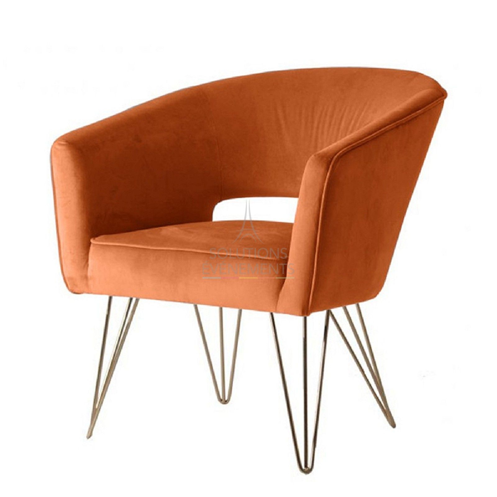 Location fauteuil velours orange avec pieds dorés