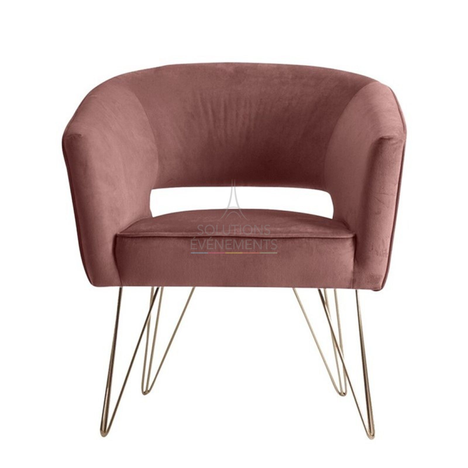Rental pink velvet armchair with gold legs