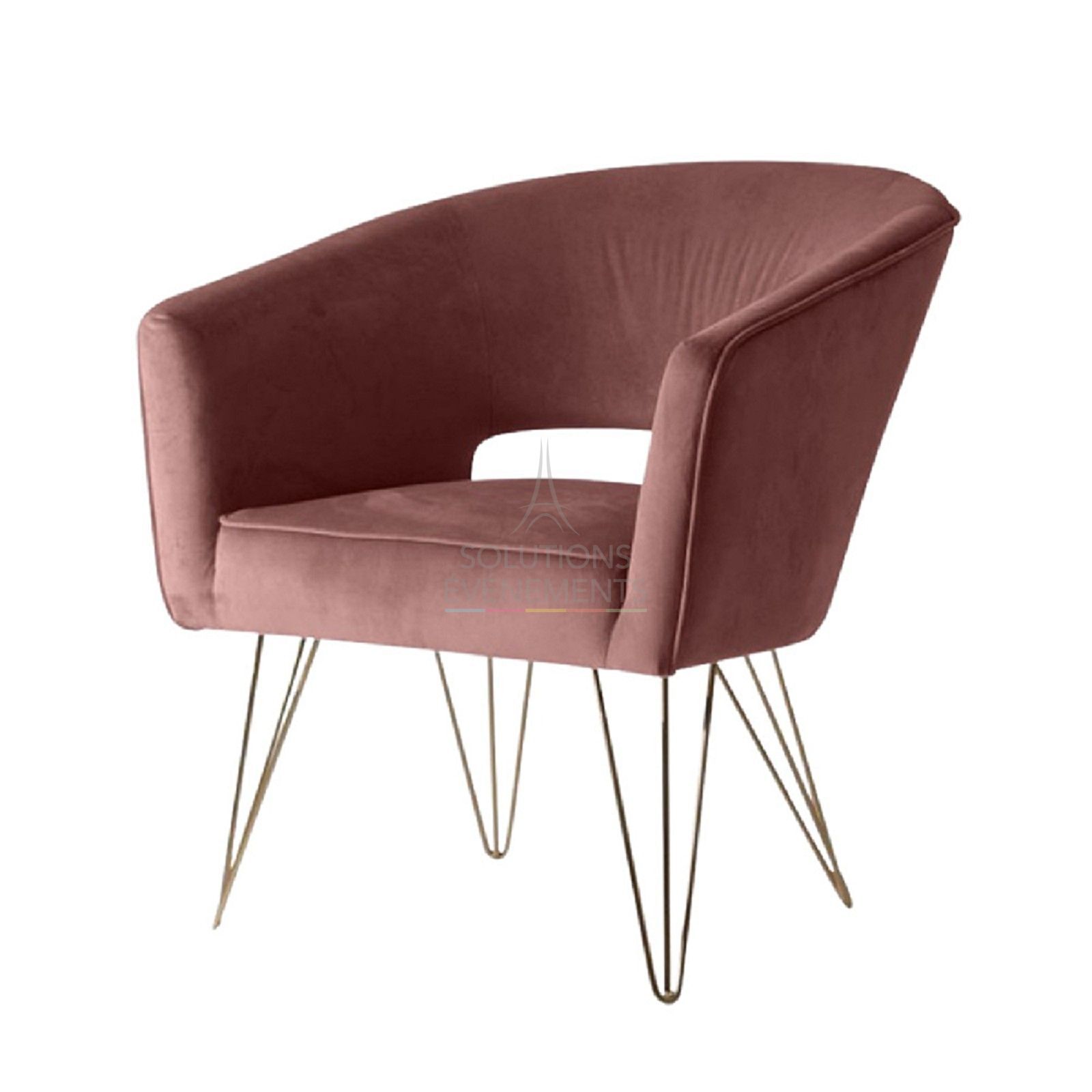 Location fauteuil velours rose avec pieds dorés