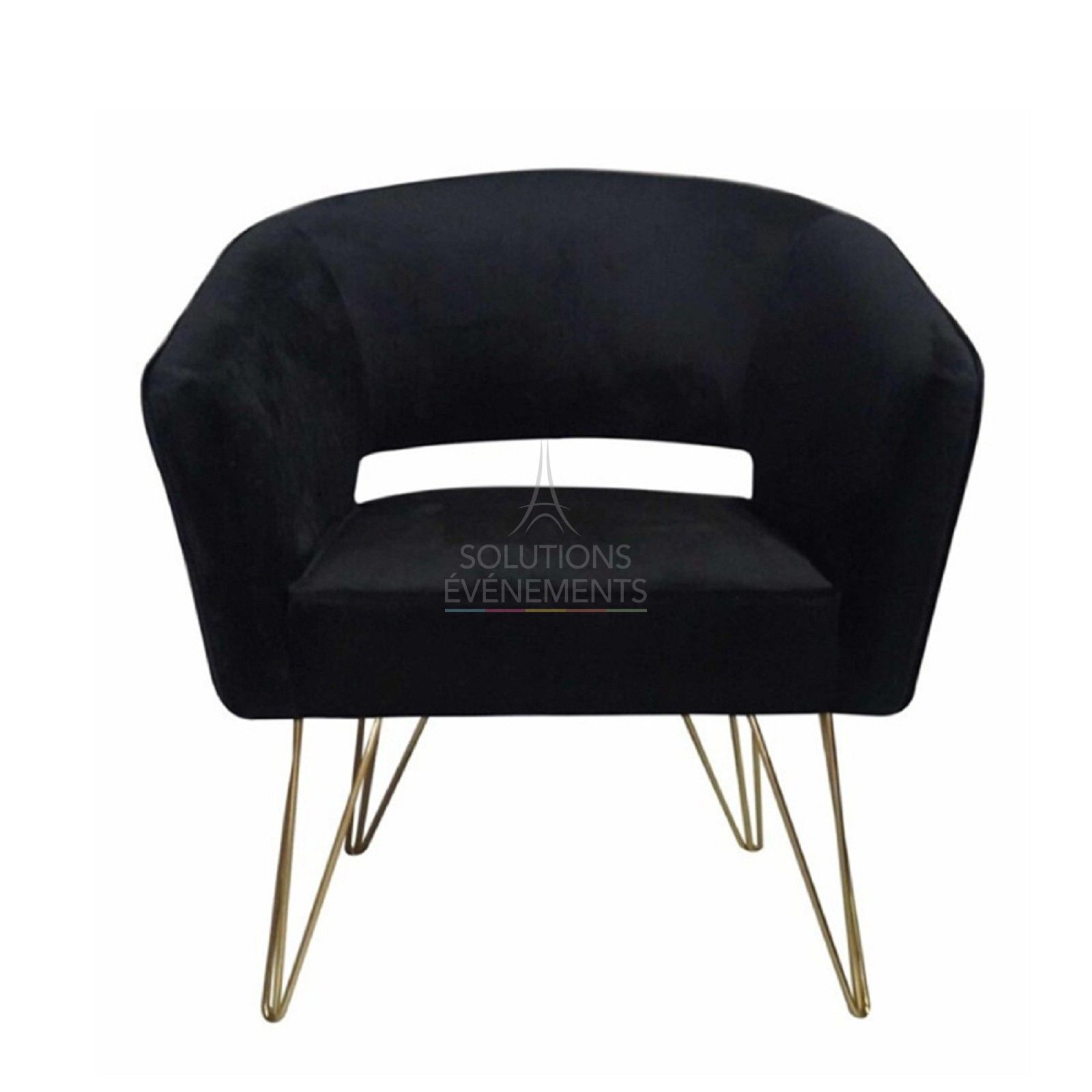 Location fauteuil velours noir avec pieds dorés