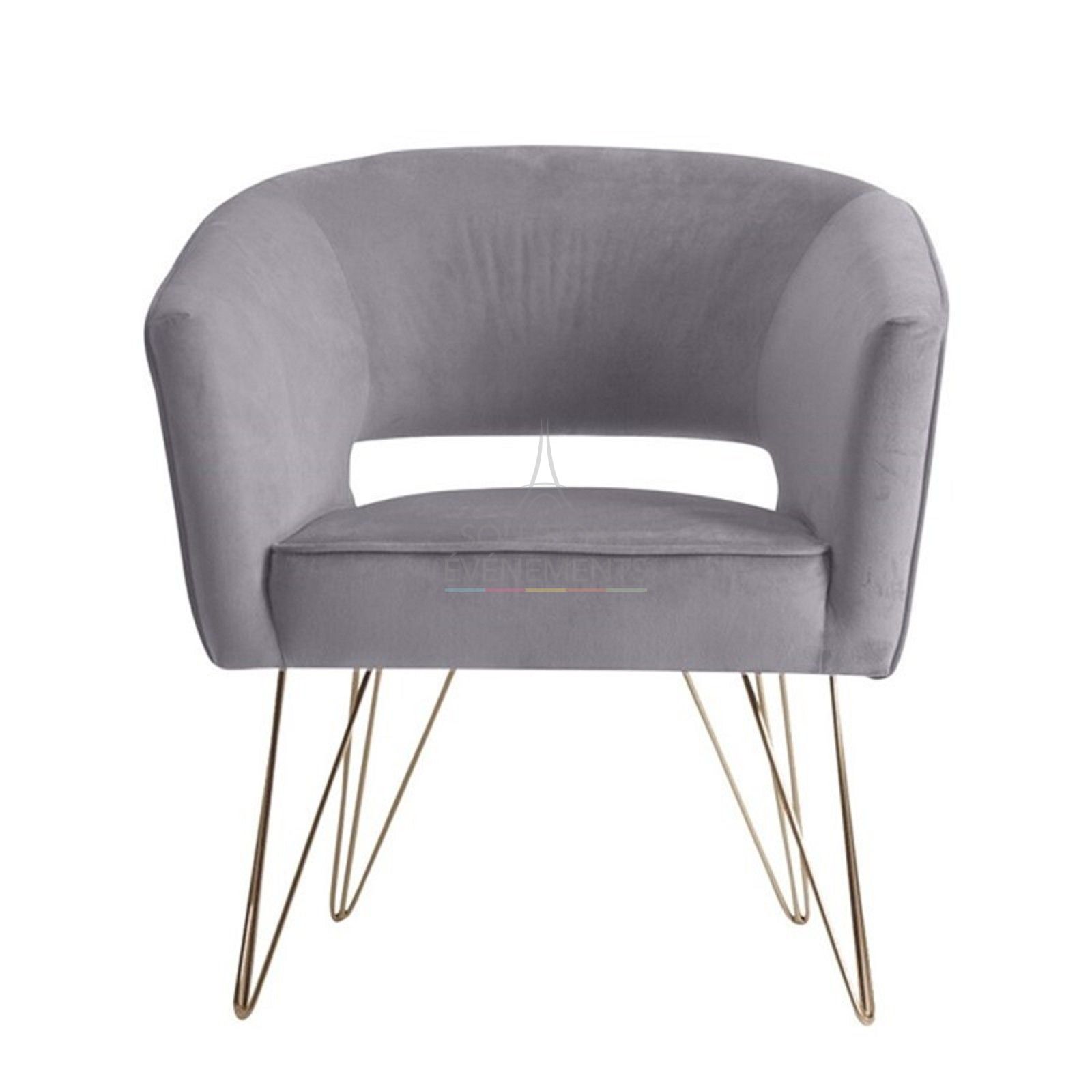 Rental gray velvet armchair with gold legs