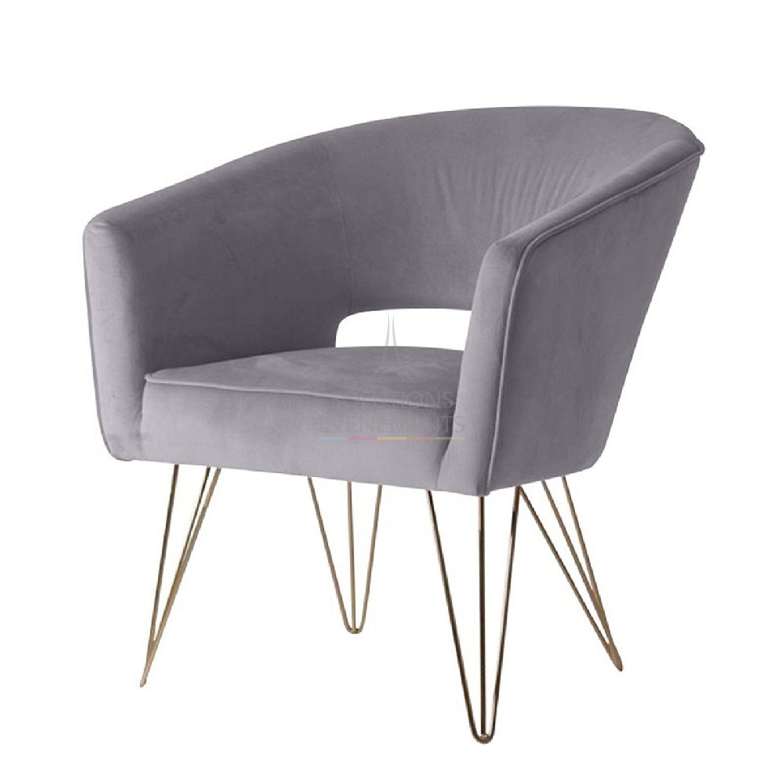 Rental gray velvet armchair with gold legs