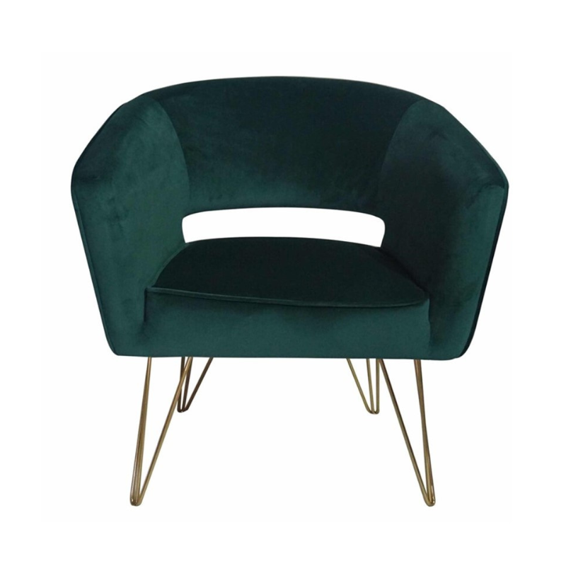 Rental green velvet armchair with gold legs