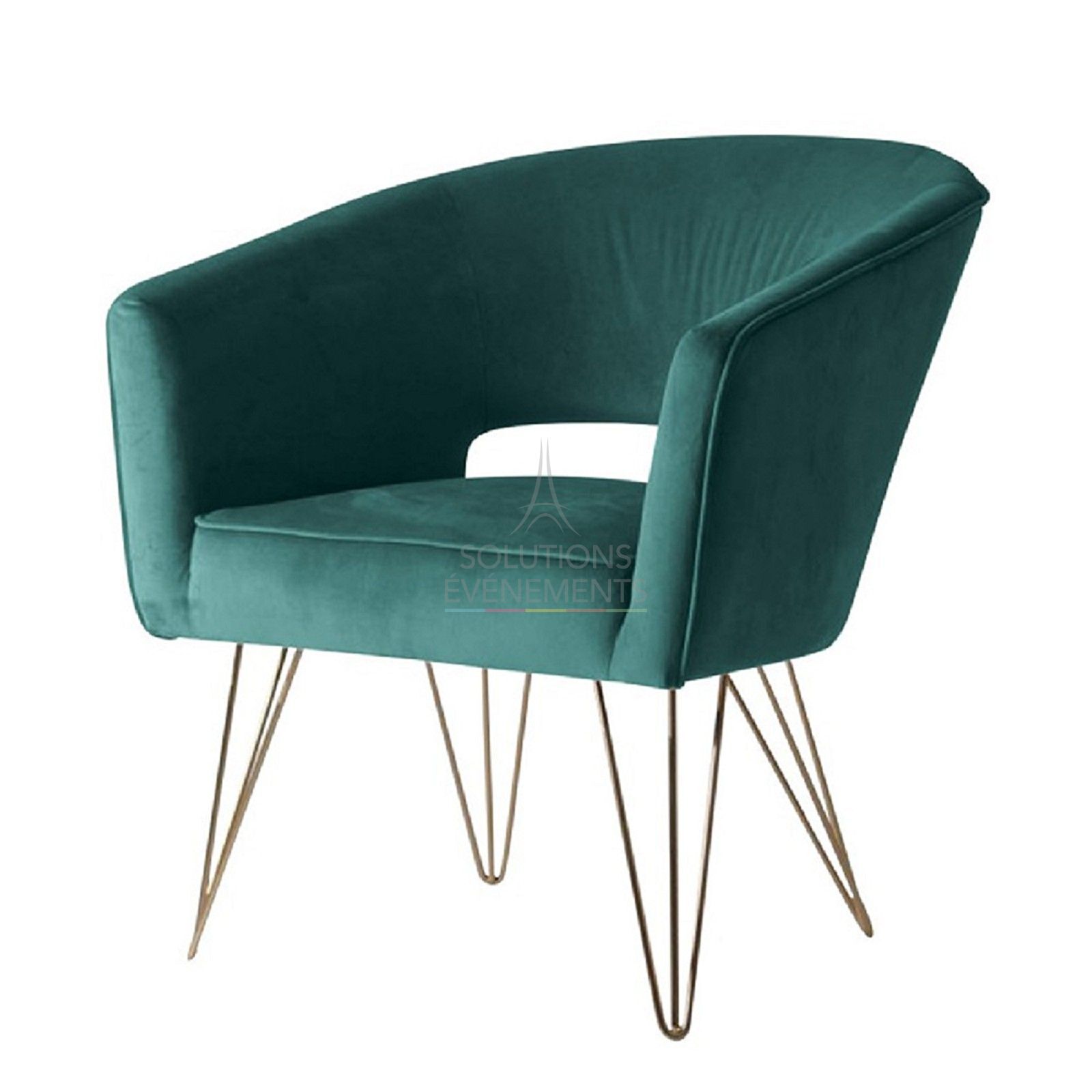 Location fauteuil velours vert avec pieds dorés