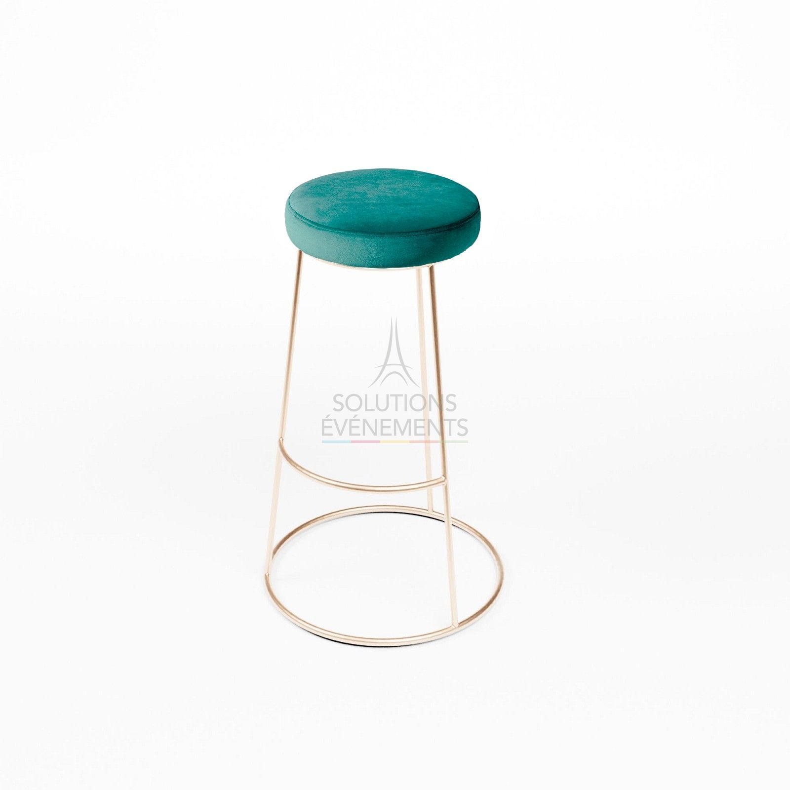 Rental high gold chrome stool with green velvet pouf