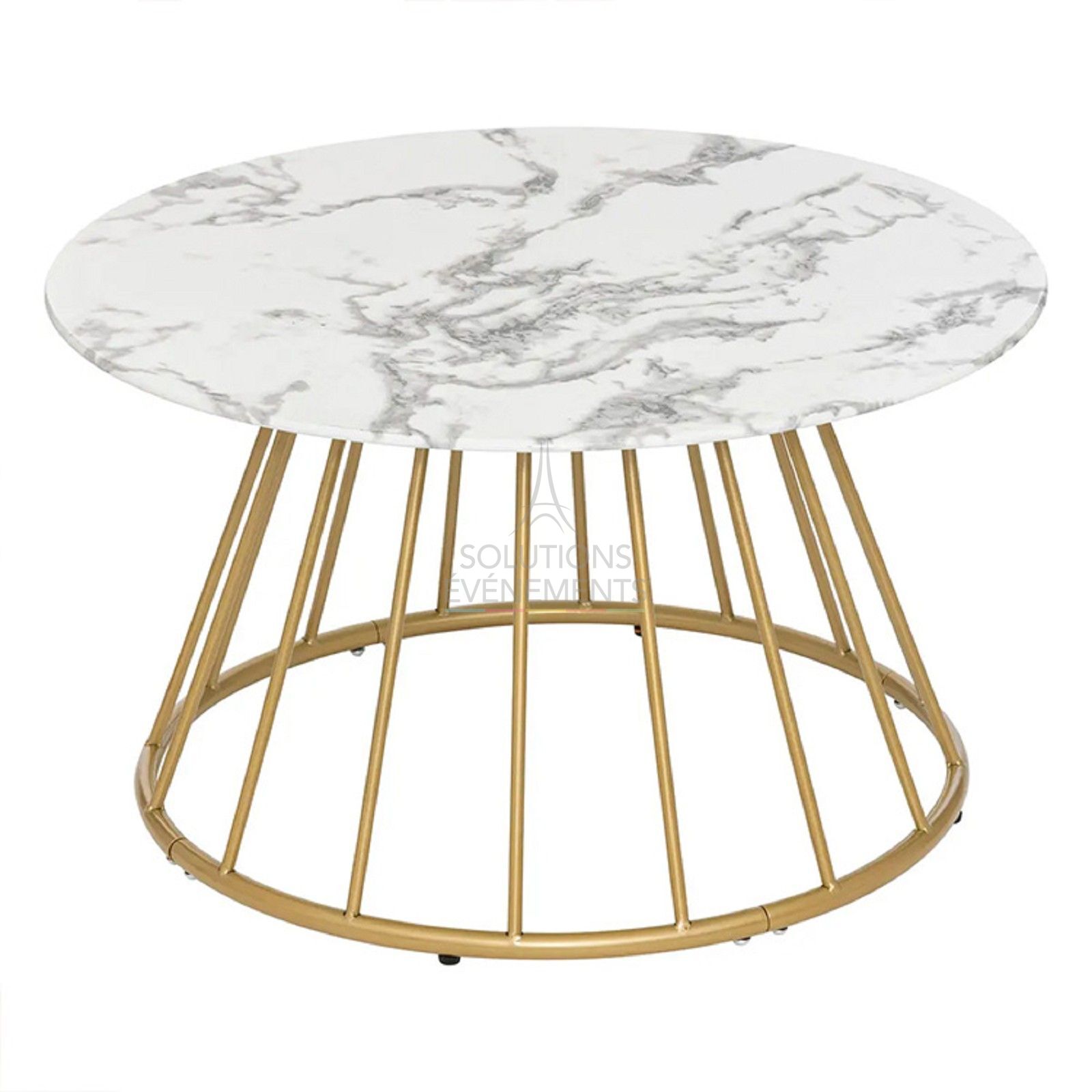 Coffee table rental with white marble top and gold metal leg