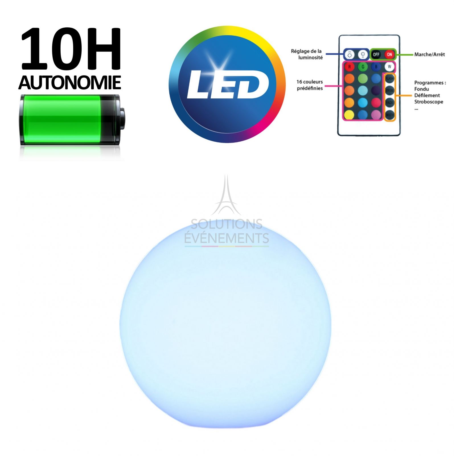 Rental of battery-powered LED light balls and spheres. Diameter 30cm. 16 colors