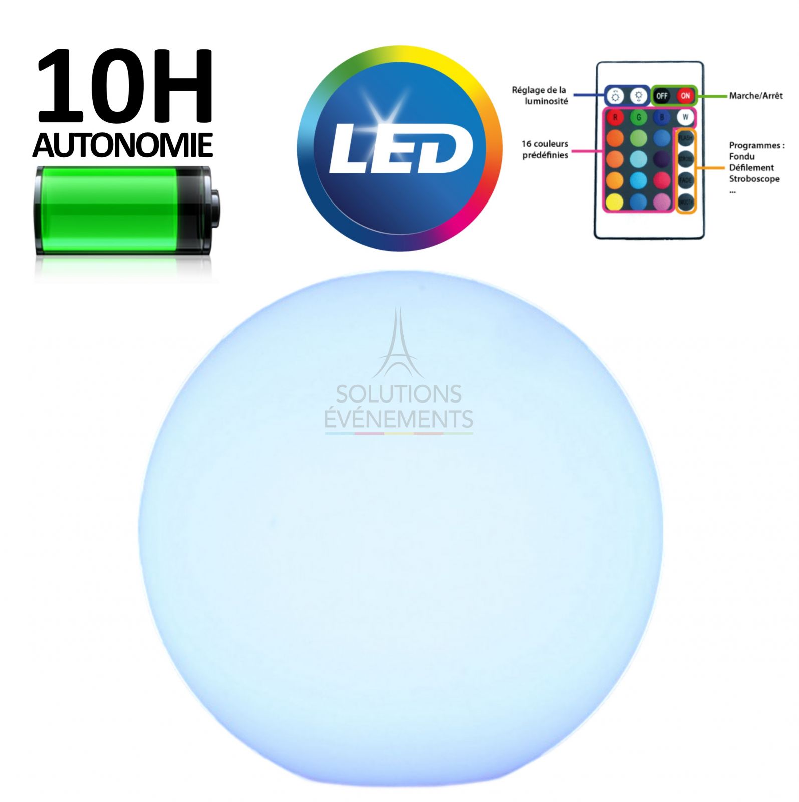 Rental of battery-powered LED light balls and spheres. Diameter 50cm. 16 colors