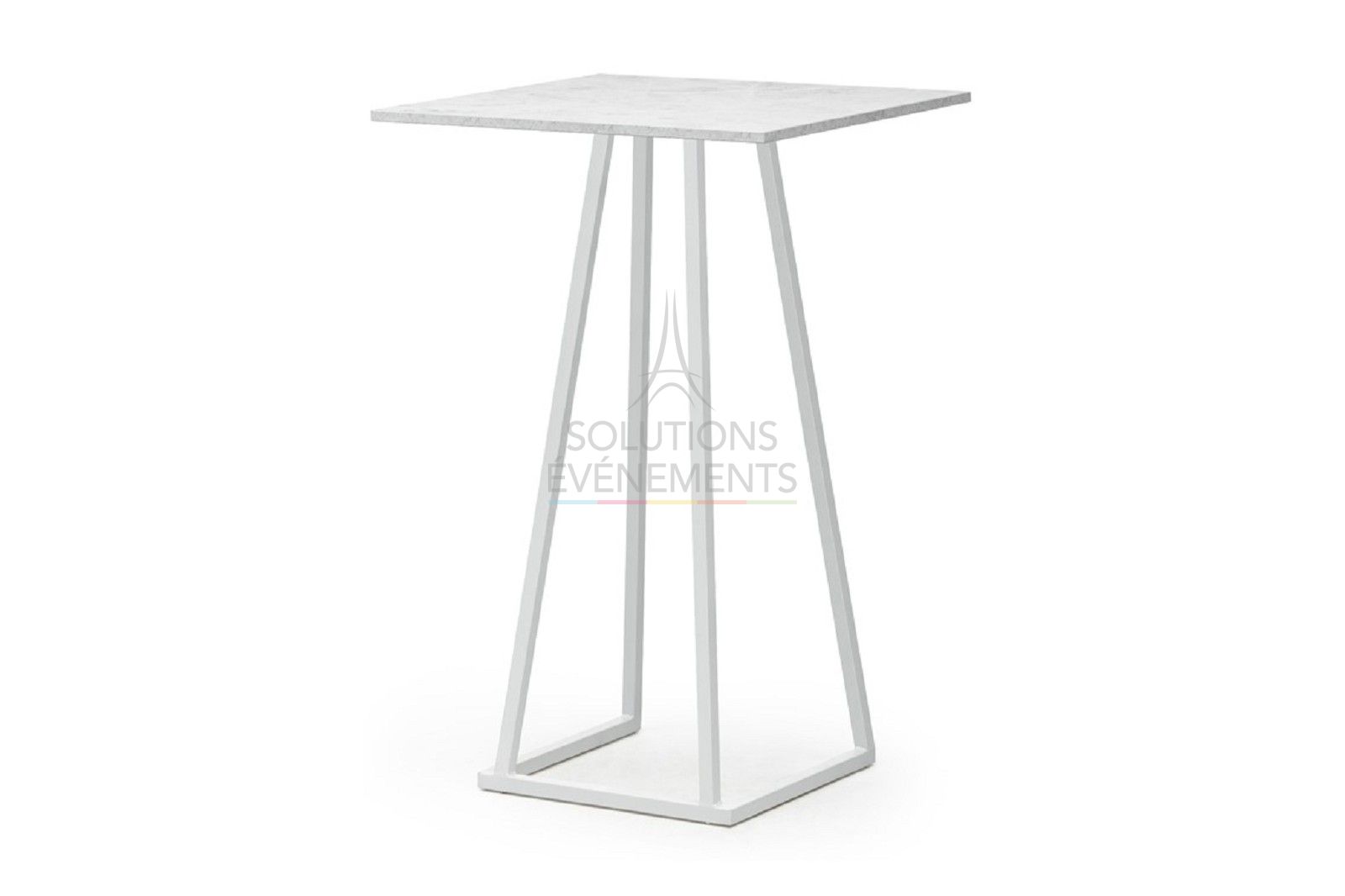 Rental of white high table with square white marble top.