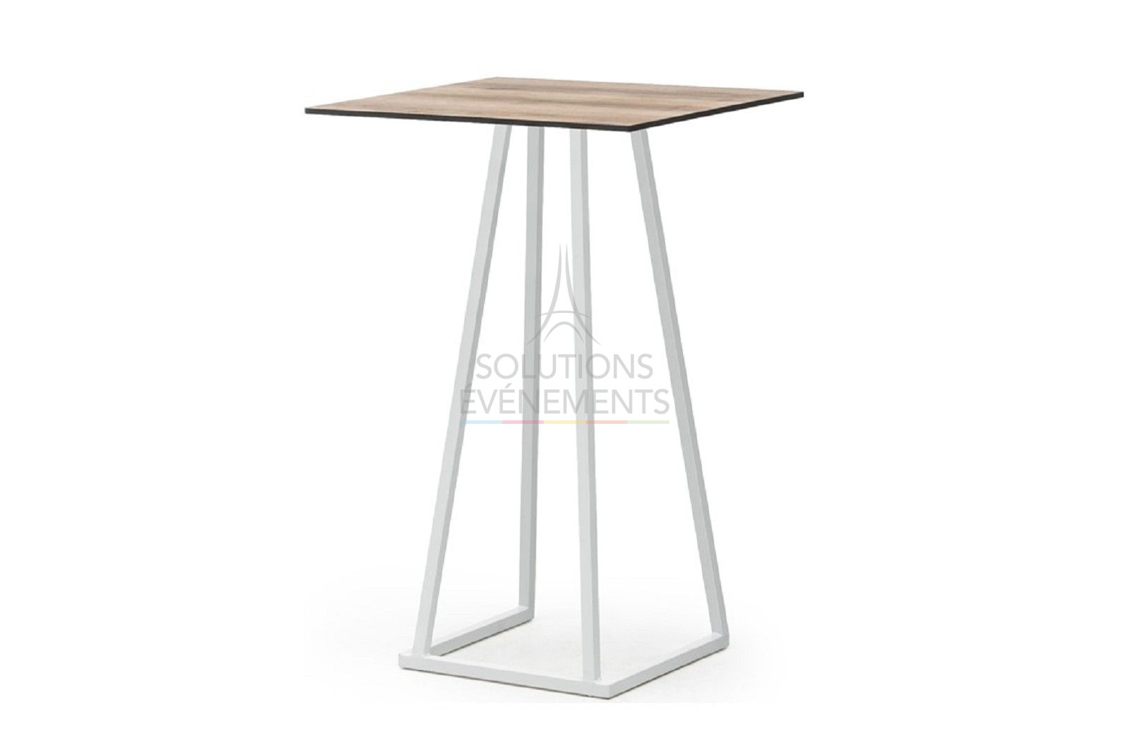 Rental of white high table with square wooden top.