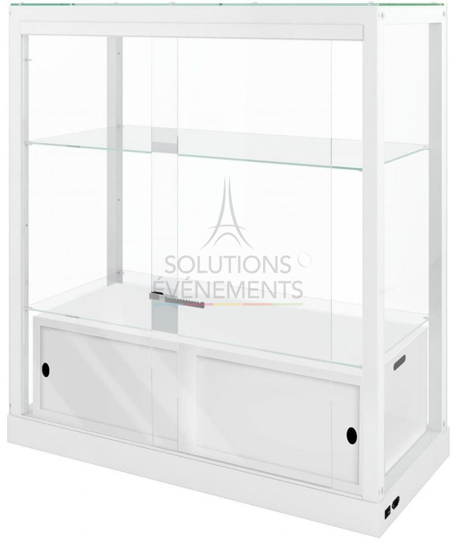Rental of low white display case with storage