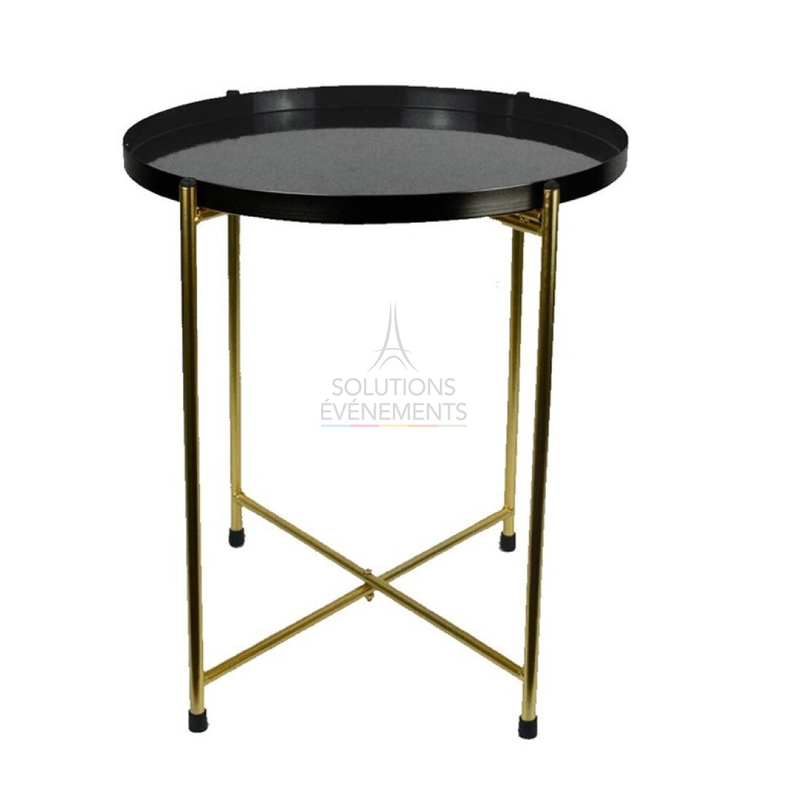 Scandinavian coffee table rental with gold base and glossy black top