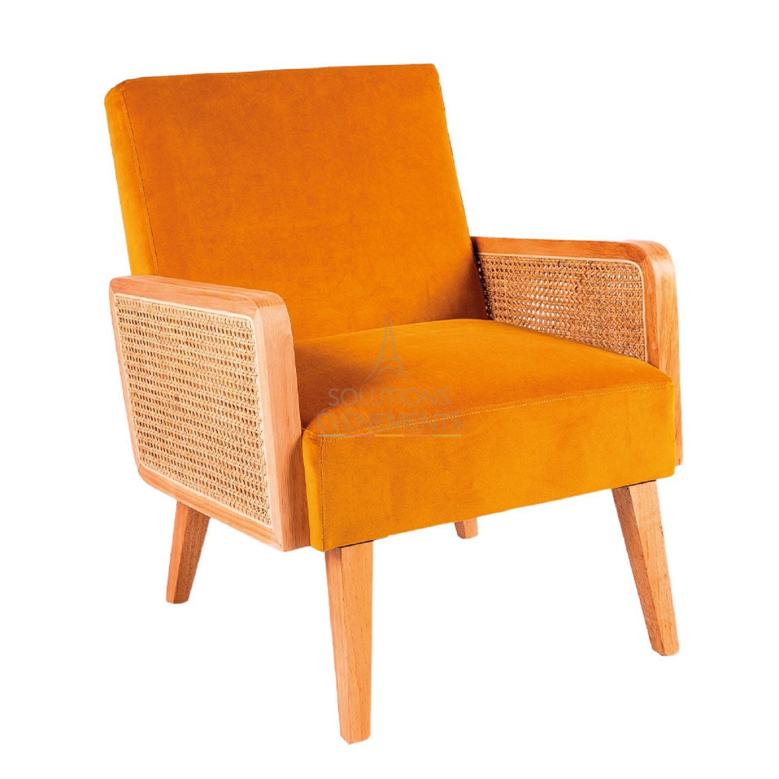 Mustard yellow velvet armchair rental with bohemian rattan canework