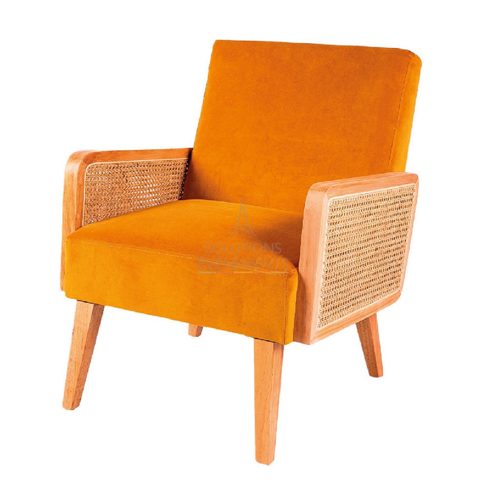 Mustard yellow velvet armchair rental with bohemian rattan canework