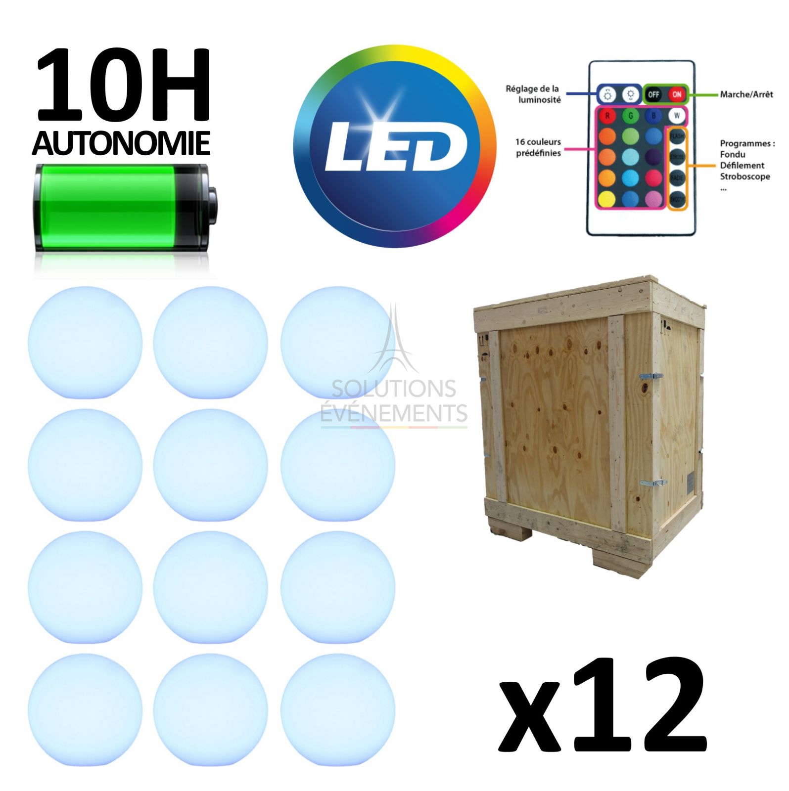 Rental of battery-powered LED light balls. Promotional package including 12 spheres.