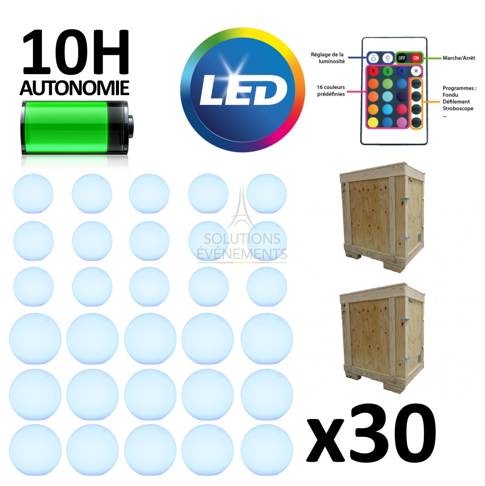 Rental of battery-powered LED light balls. Promotional package including 30 spheres.