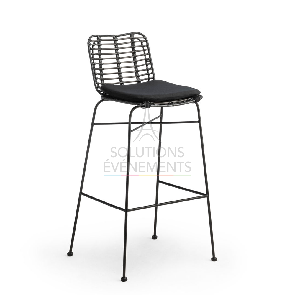 Rental black rattan Palm bar chair with cushion