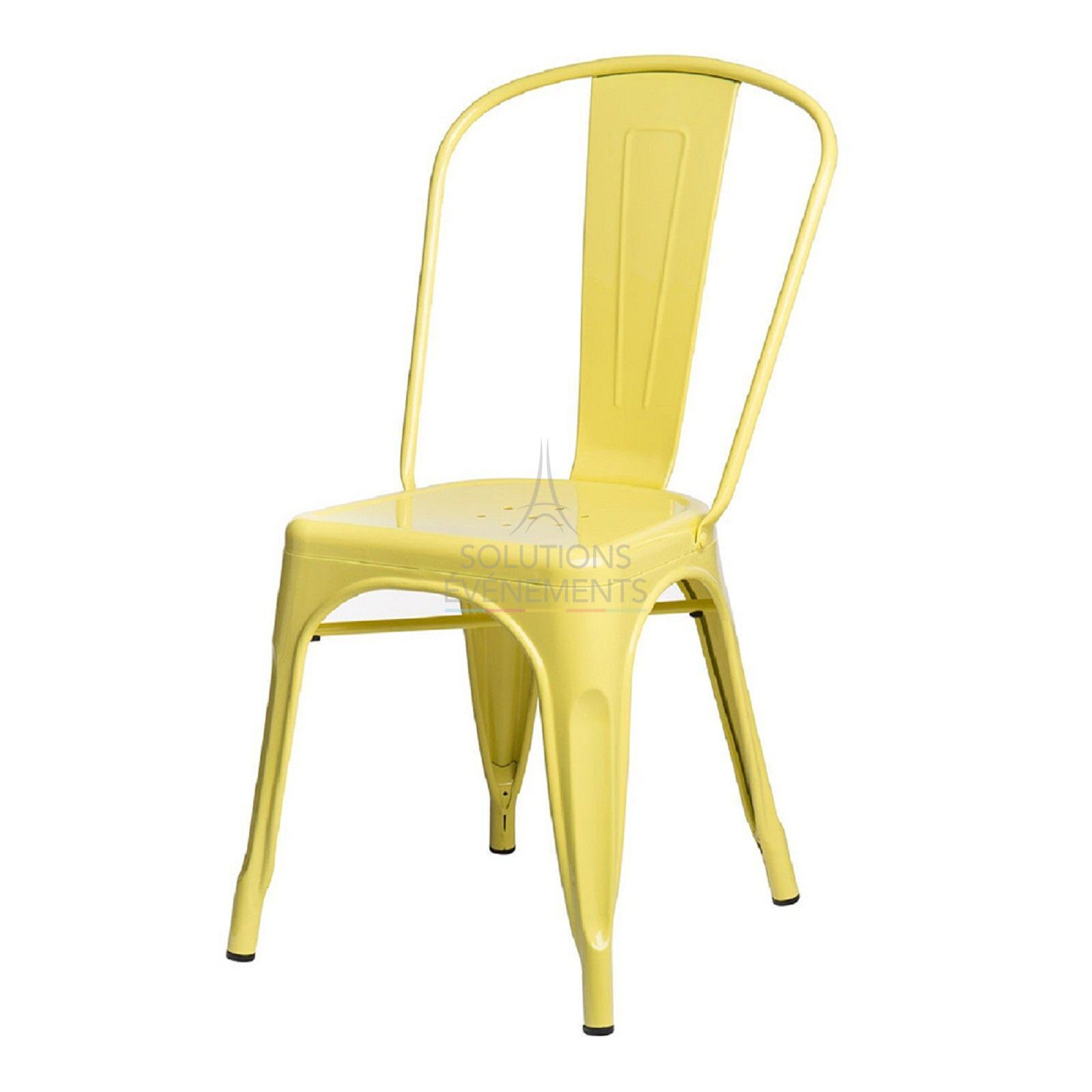 Rental of industrial metal chair in pastel yellow color