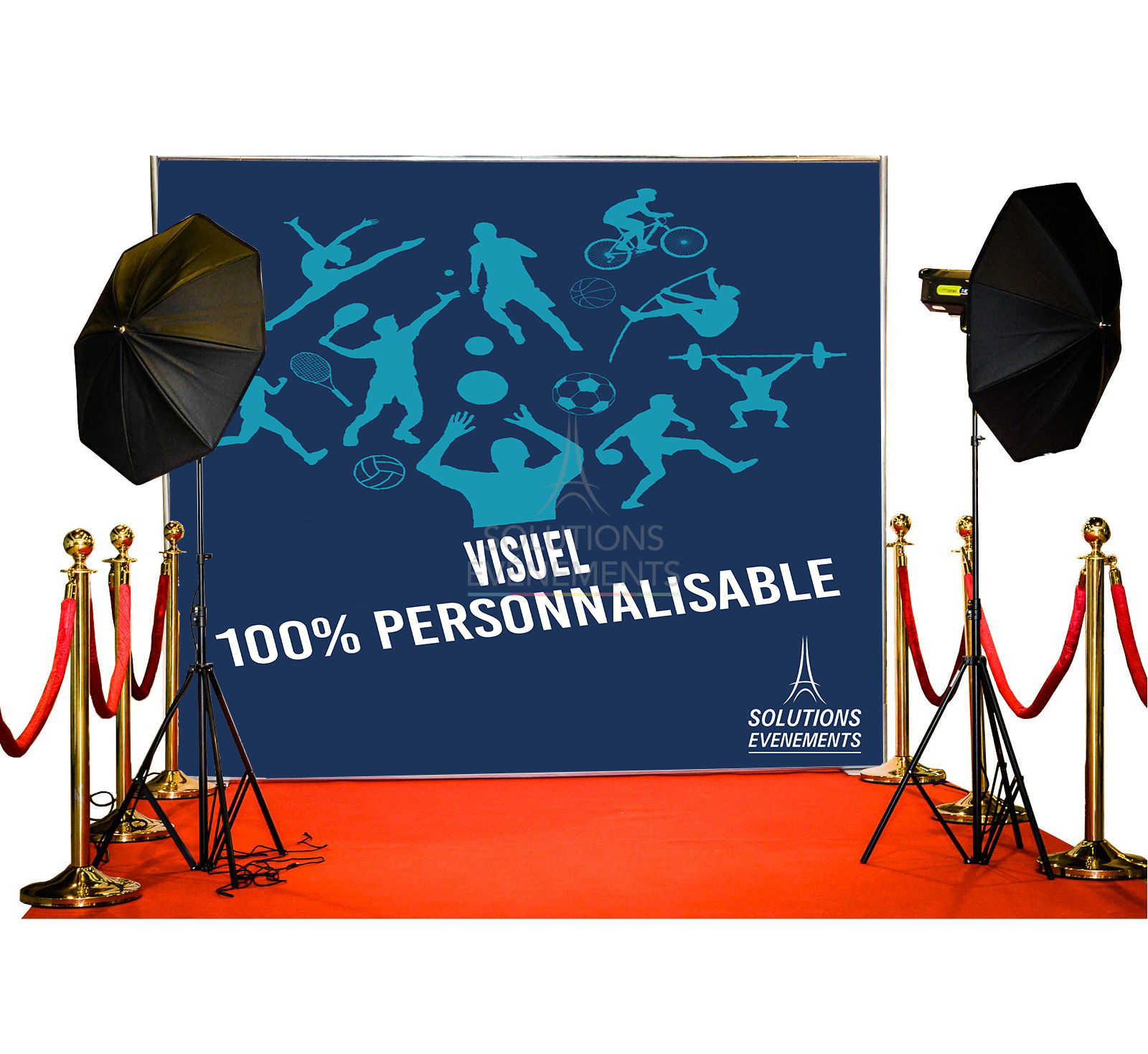 Turnkey pack with printed photocall, red carpet, gold posts, spotlights