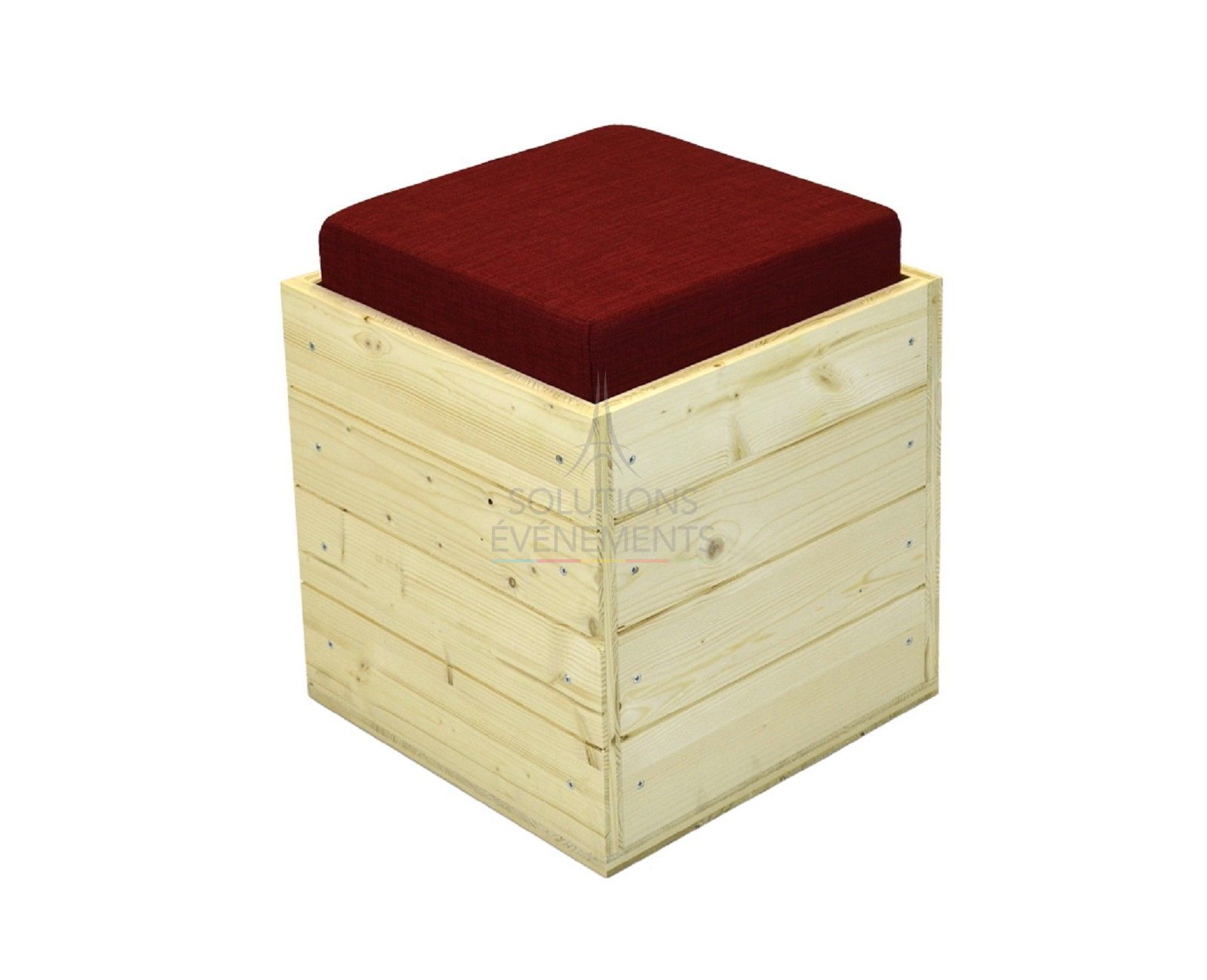 Location pouf bois éco-responsable tissu rouge