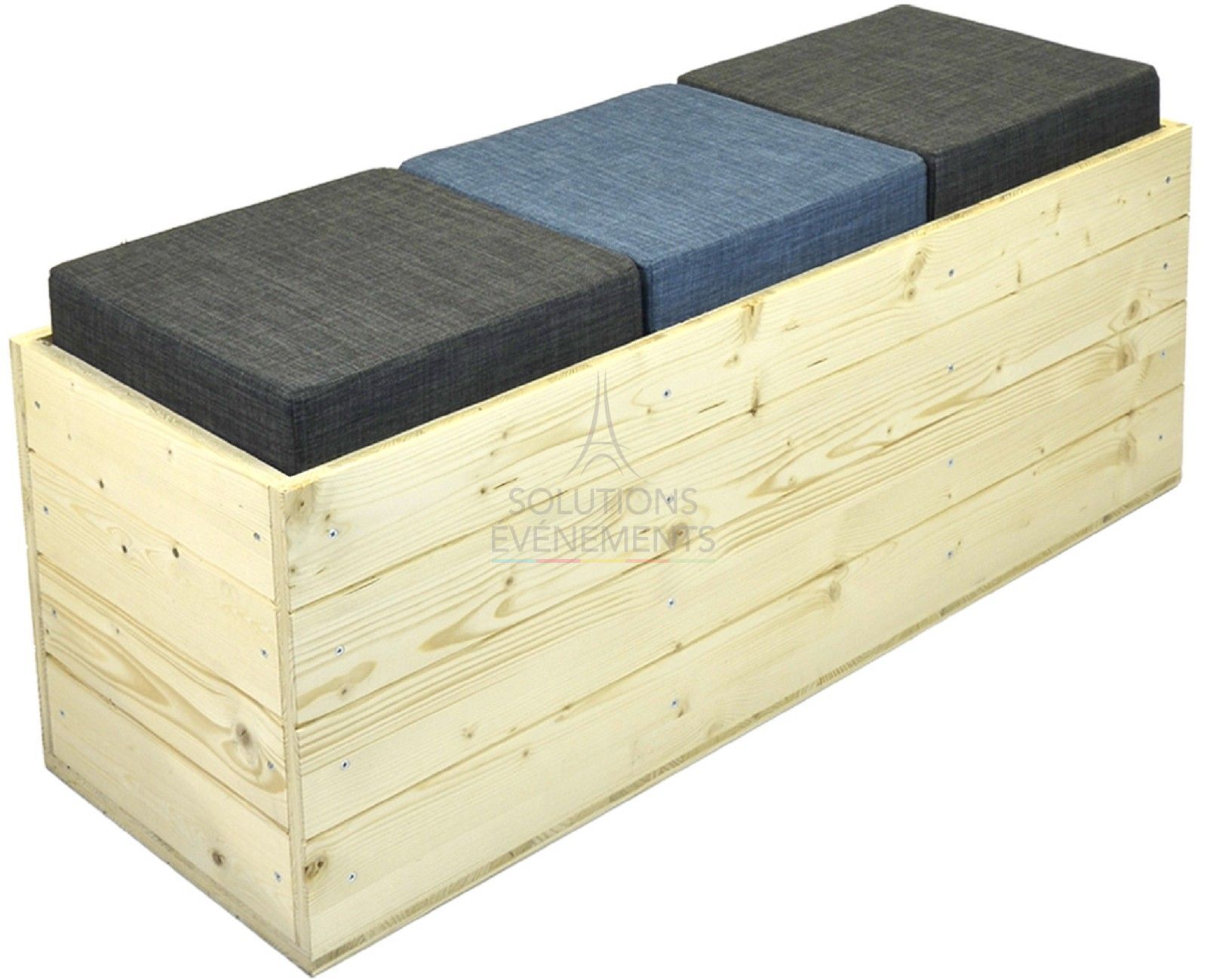 Rental of eco-responsible wooden bench in gray and blue fabric