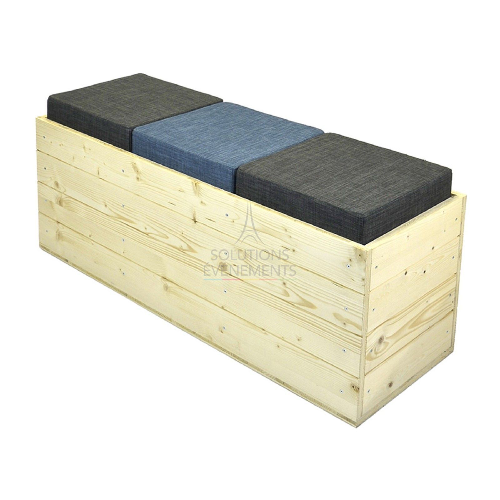 Rental of eco-responsible wooden bench in gray and blue fabric