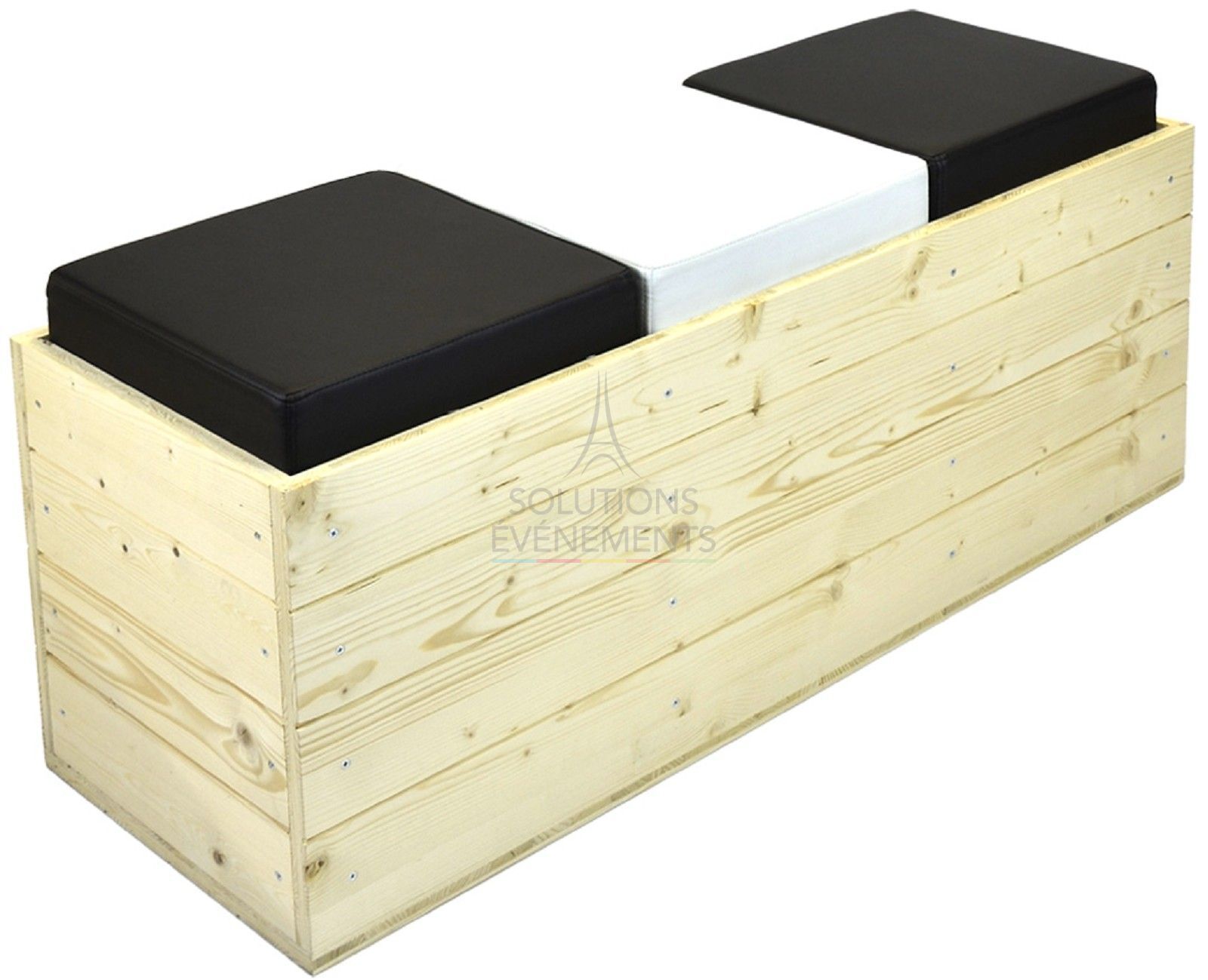 Rental of eco-responsible wooden bench in black and white leather