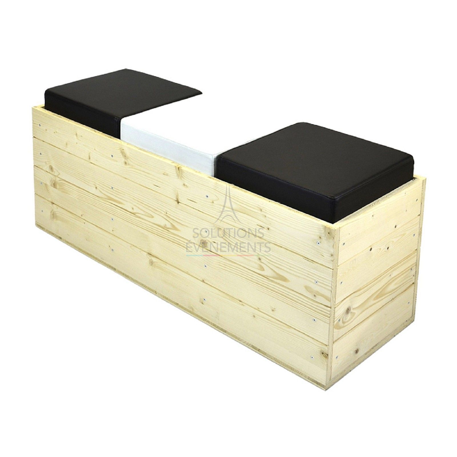 Rental of eco-responsible wooden bench in black and white leather