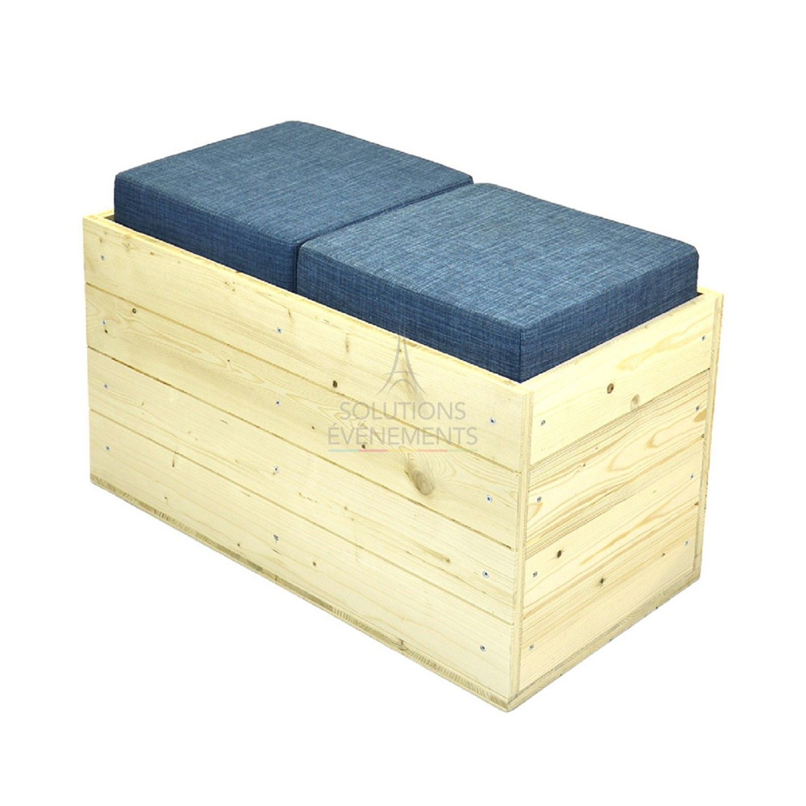 Rental eco-responsible wooden bench blue fabric