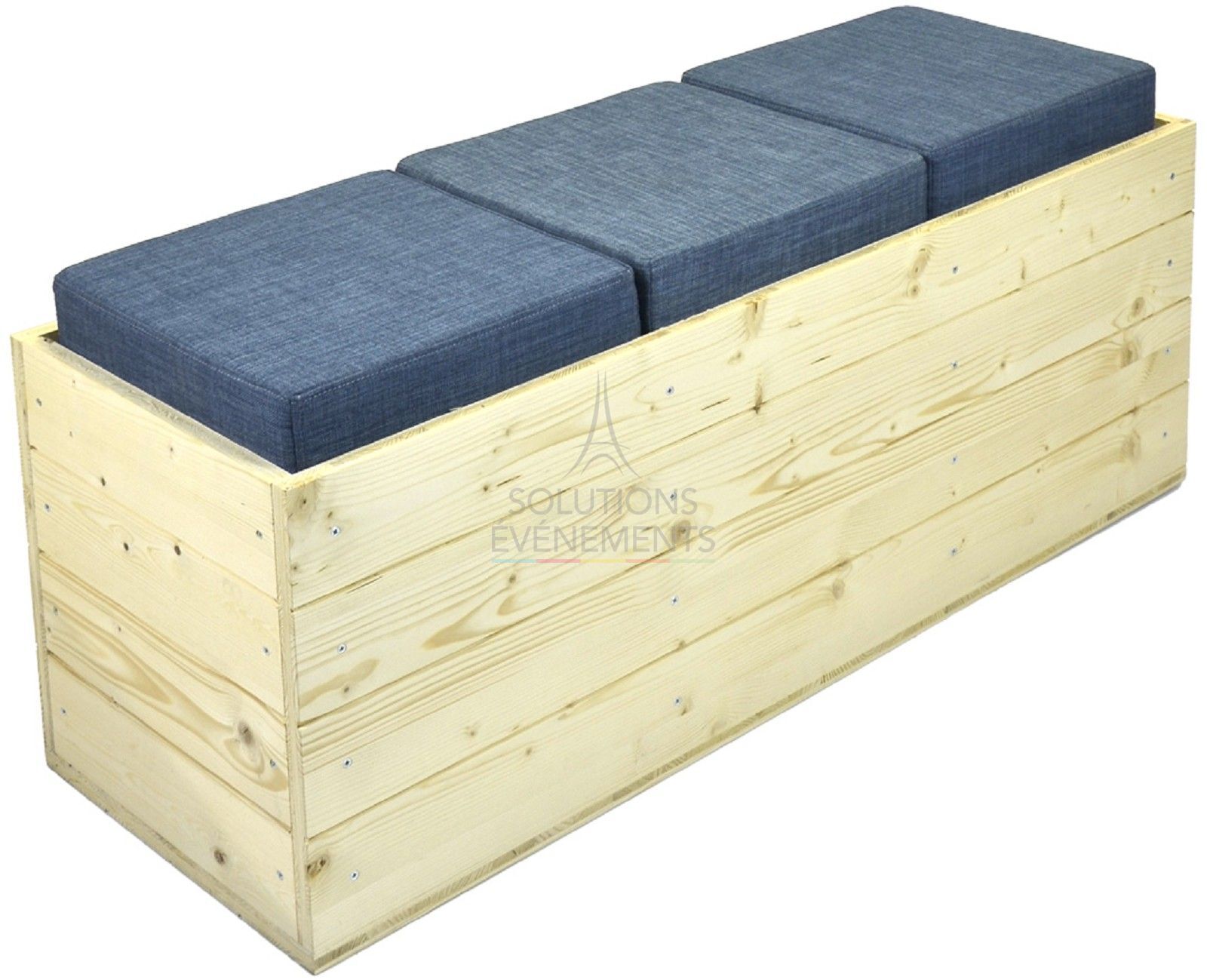 Rental eco-responsible wooden bench blue fabric