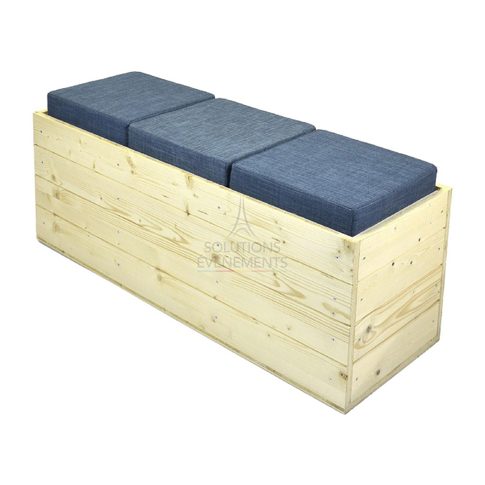 Rental eco-responsible wooden bench blue fabric