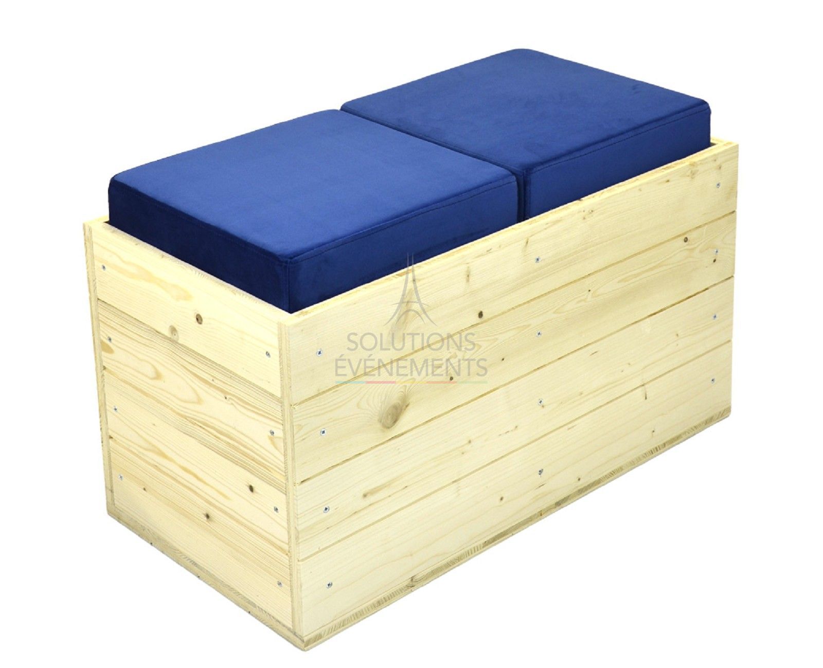 Rental of eco-responsible blue velvet wooden bench