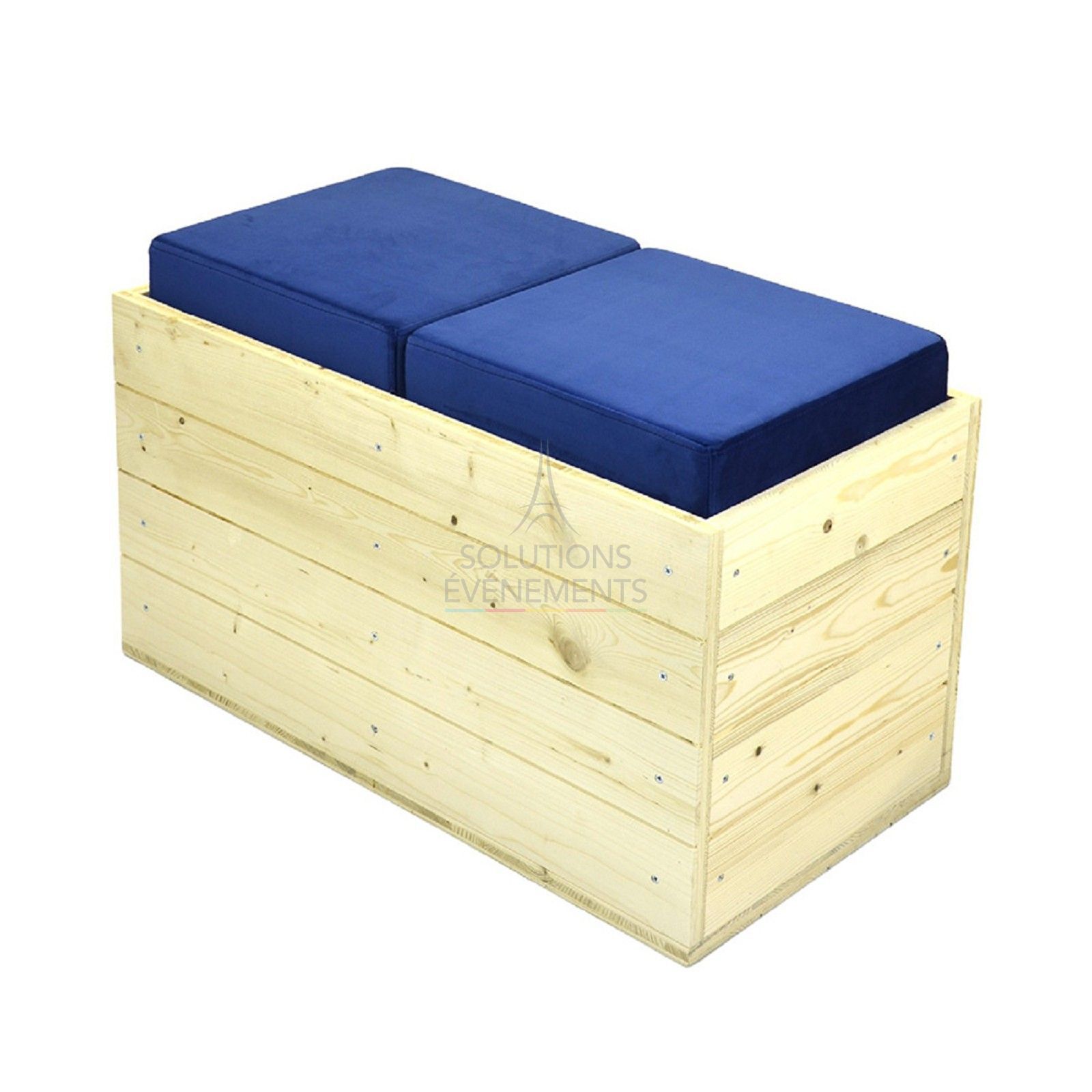 Rental of eco-responsible blue velvet wooden bench