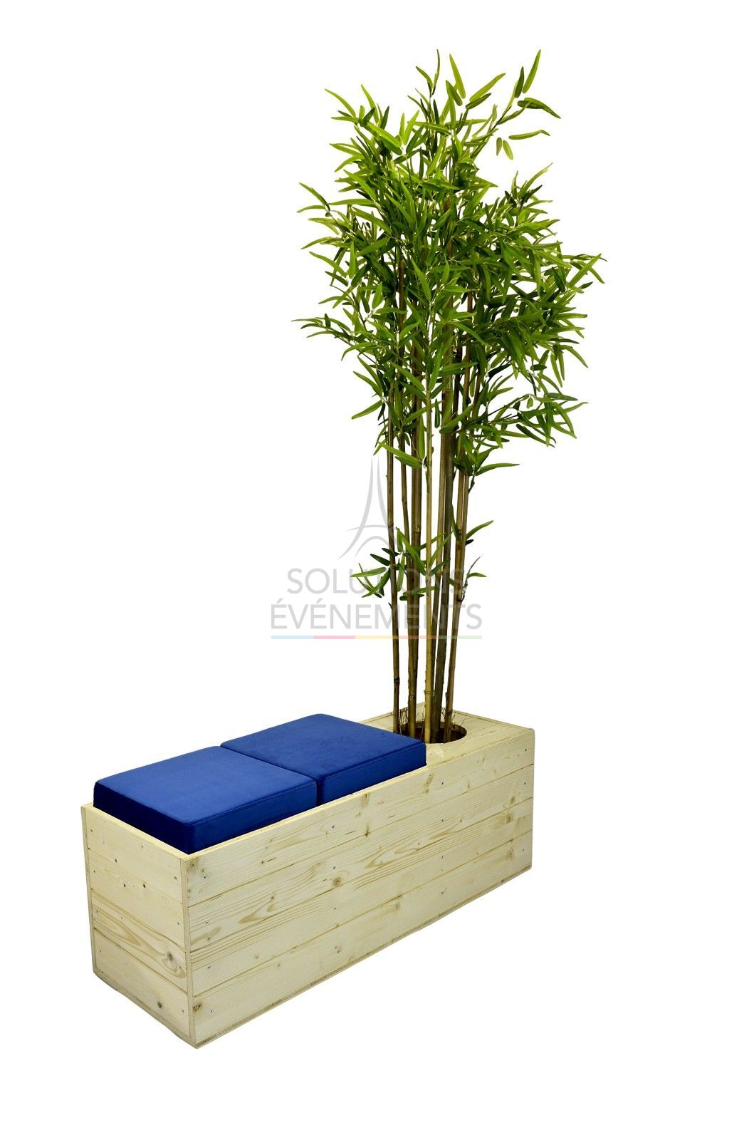 Rental Eco-responsible blue velvet wooden bench with planter