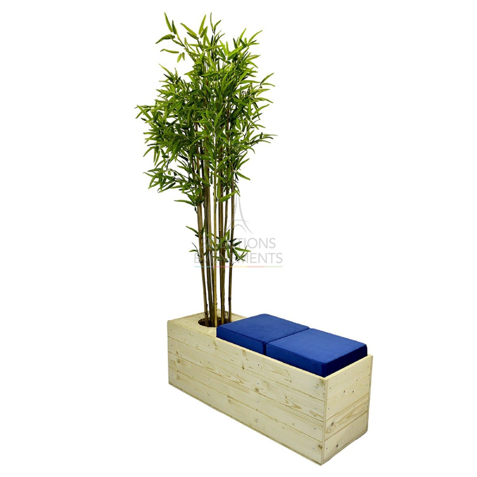 Rental Eco-responsible blue velvet wooden bench with planter