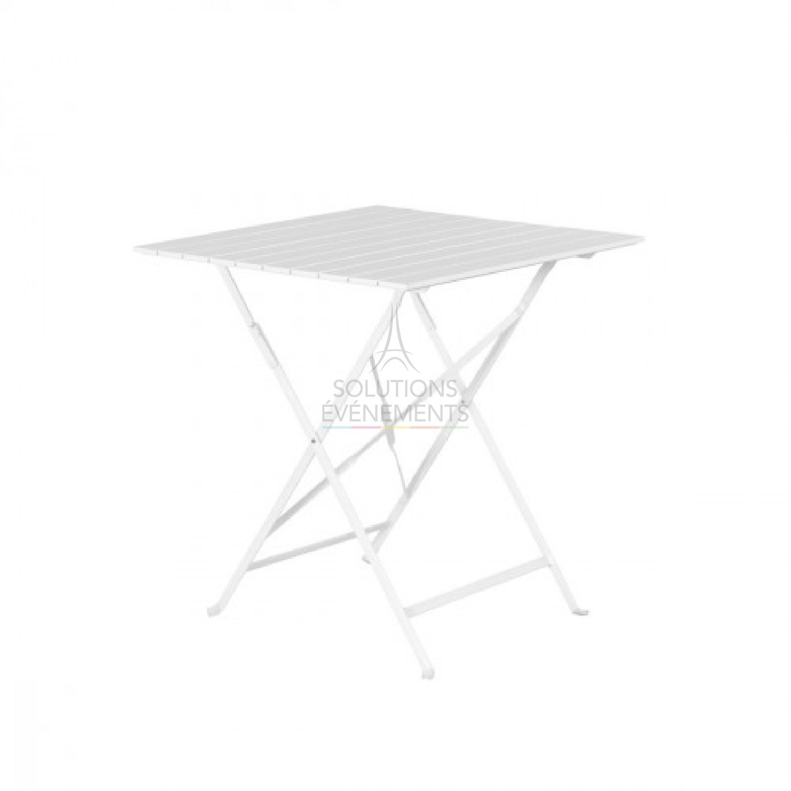 Square white wooden slat folding table rental